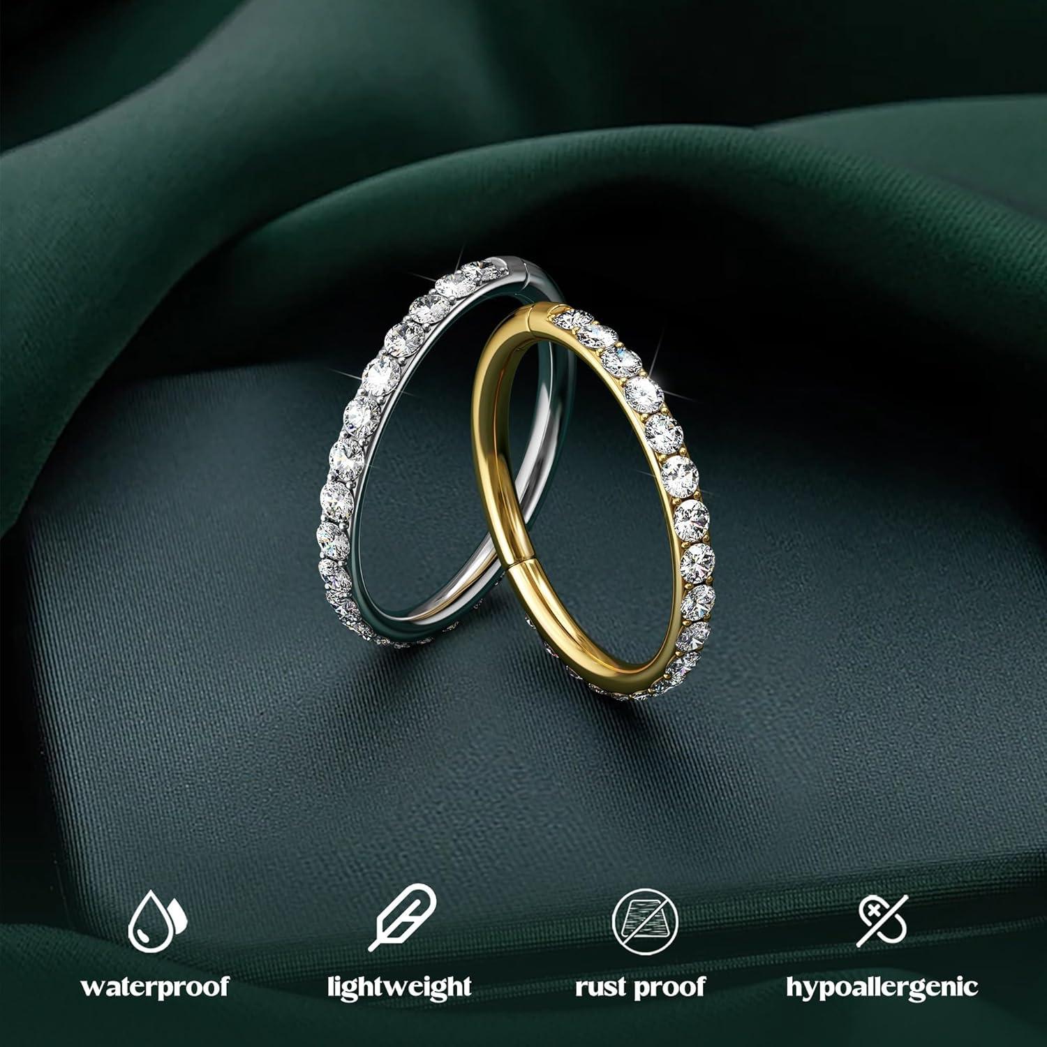 imageBodyBonita G23 Titanium CZ Nose Rings Hoops 20G18G16G14G Septum Rings Nose Hoop Clicker Cartilage Earring for Women Helix Rook Tragus Conch Piercing Jewelry Daith Ring Silver14k Gold PlatedGold Bigger Clear CZ5A