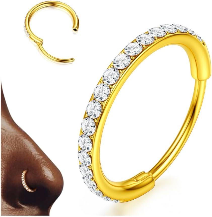imageBodyBonita G23 Titanium CZ Nose Rings Hoops 20G18G16G14G Septum Rings Nose Hoop Clicker Cartilage Earring for Women Helix Rook Tragus Conch Piercing Jewelry Daith Ring Silver14k Gold PlatedGold Bigger Clear CZ5A