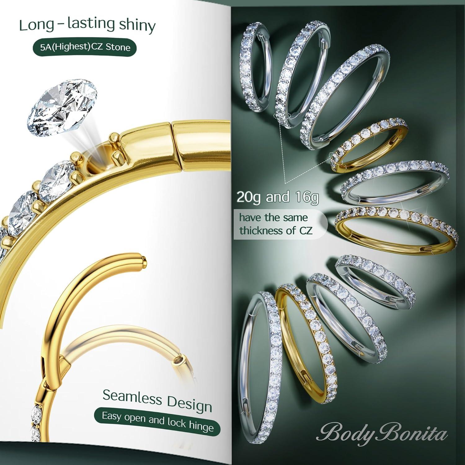 imageBodyBonita G23 Titanium CZ Nose Rings Hoops 20G18G16G14G Septum Rings Nose Hoop Clicker Cartilage Earring for Women Helix Rook Tragus Conch Piercing Jewelry Daith Ring Silver14k Gold PlatedGold Clear CZ5A