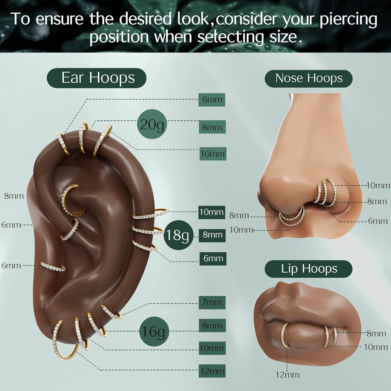 imageBodyBonita G23 Titanium CZ Nose Rings Hoops 20G18G16G14G Septum Rings Nose Hoop Clicker Cartilage Earring for Women Helix Rook Tragus Conch Piercing Jewelry Daith Ring Silver14k Gold PlatedGold Bigger Clear CZ5A