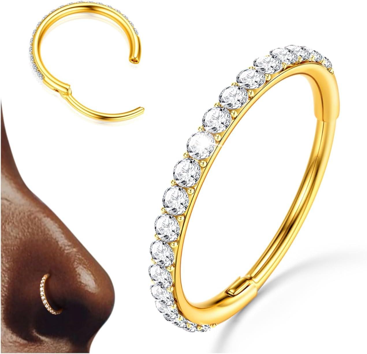 imageBodyBonita G23 Titanium CZ Nose Rings Hoops 20G18G16G14G Septum Rings Nose Hoop Clicker Cartilage Earring for Women Helix Rook Tragus Conch Piercing Jewelry Daith Ring Silver14k Gold PlatedGold Clear CZ5A