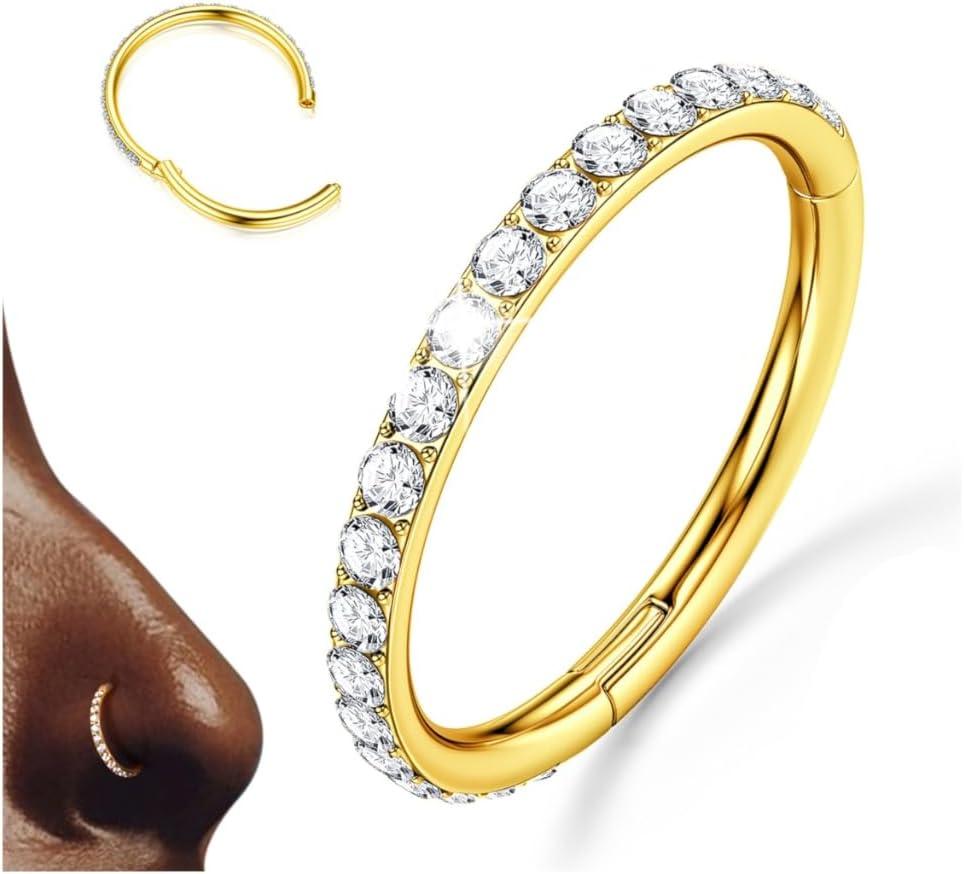 imageBodyBonita G23 Titanium CZ Nose Rings Hoops 20G18G16G14G Septum Rings Nose Hoop Clicker Cartilage Earring for Women Helix Rook Tragus Conch Piercing Jewelry Daith Ring Silver14k Gold PlatedGold Clear CZ5A