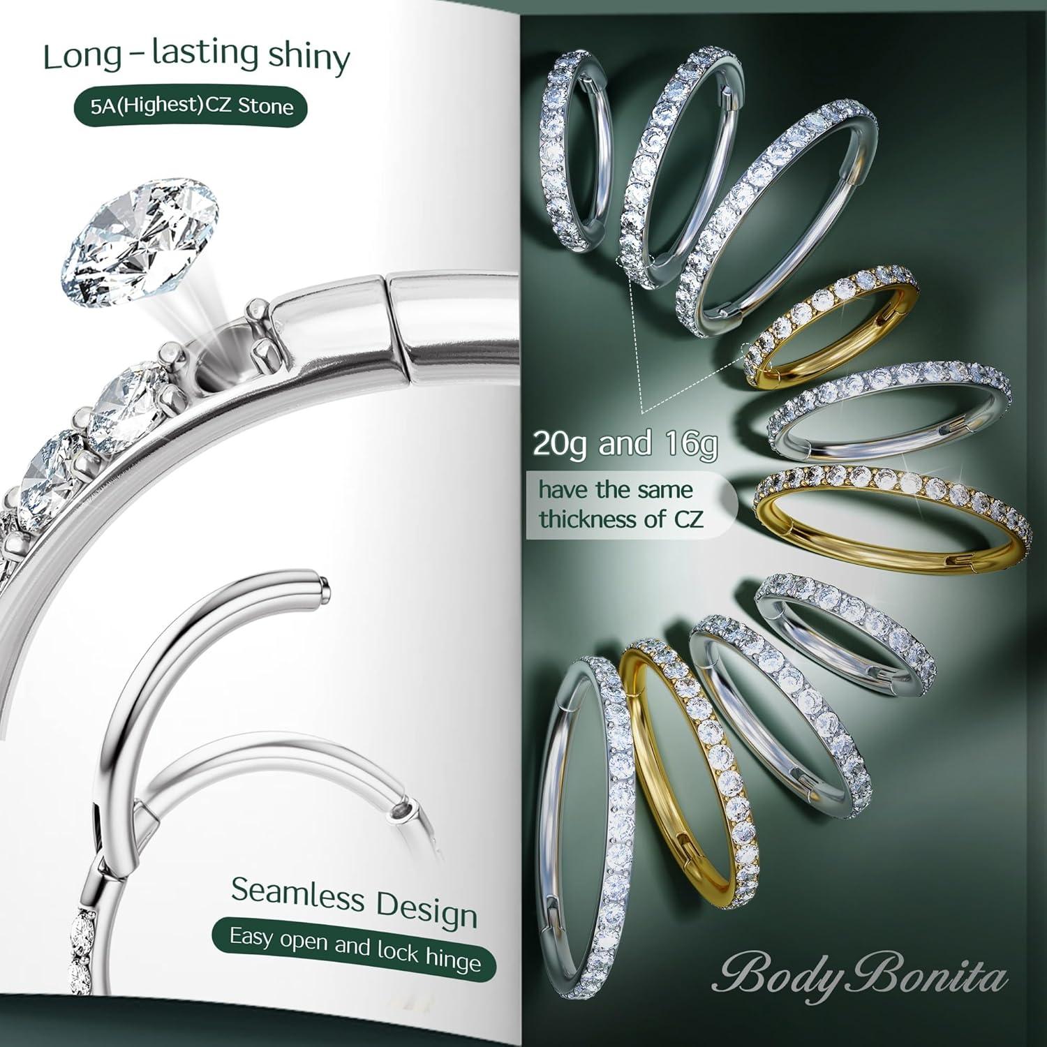 imageBodyBonita G23 Titanium CZ Nose Rings Hoops 20G18G16G14G Septum Rings Nose Hoop Clicker Cartilage Earring for Women Helix Rook Tragus Conch Piercing Jewelry Daith Ring Silver14k Gold PlatedSilver Clear CZ5A
