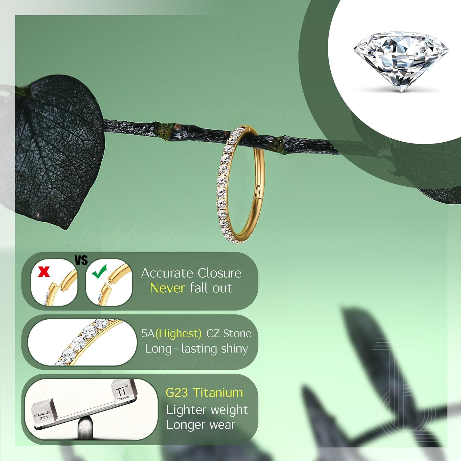 imageBodyBonita G23 Titanium CZ Nose Rings Hoops 20G18G16G14G Septum Rings Nose Hoop Clicker Cartilage Earring for Women Helix Rook Tragus Conch Piercing Jewelry Daith Ring Silver14k Gold PlatedGold Clear CZ5A