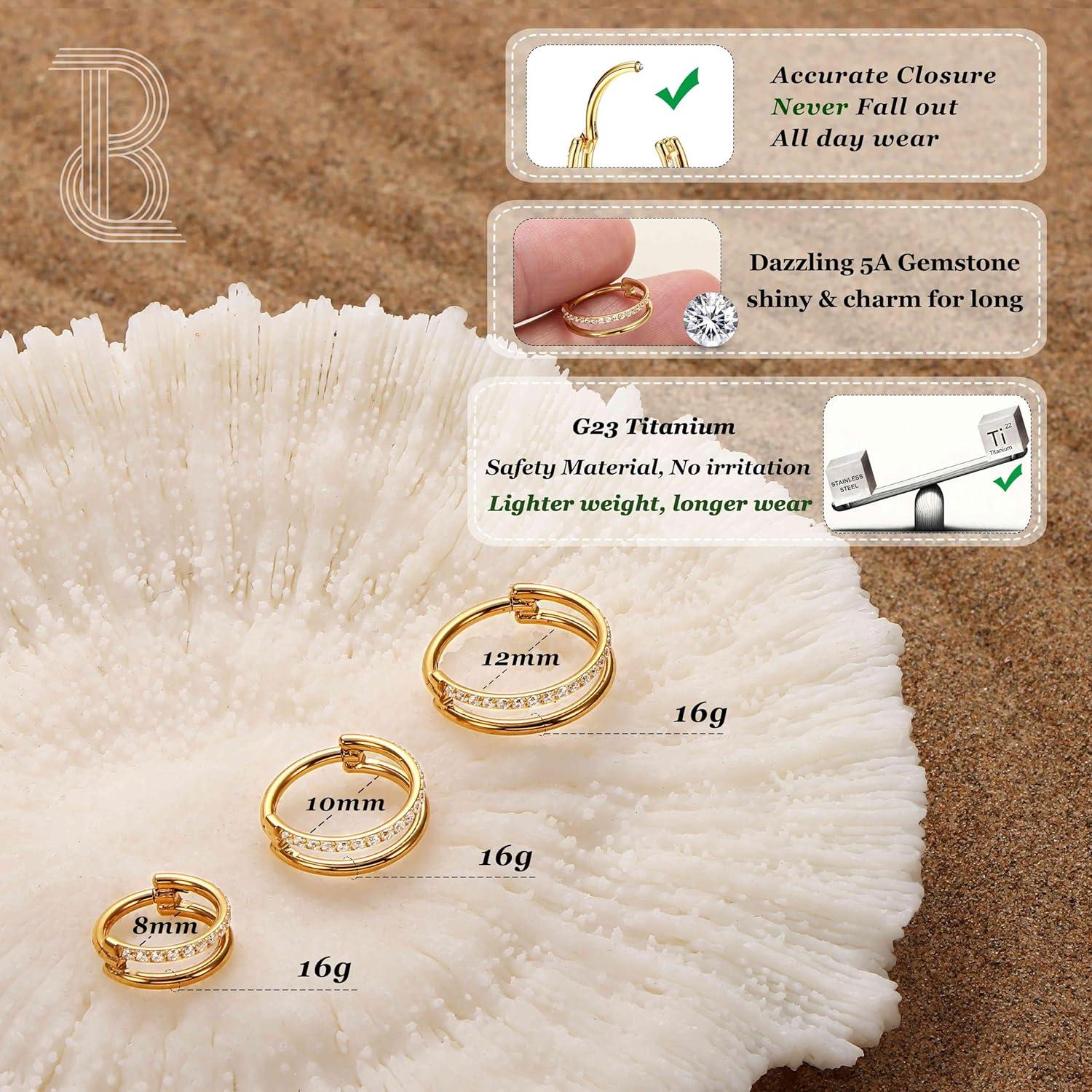 imageBodyBonita G23 Titanium Cartilage Earring Hoop Stacked Clicker 16G CZ DoubleTriple Septum Rings Conch Piercing Jewelry Tragus Daith Helix Nose Rings Hoops for Women SilverGold Plated 8mm 10mm 12mmDouble Layers CZ 16G Gold