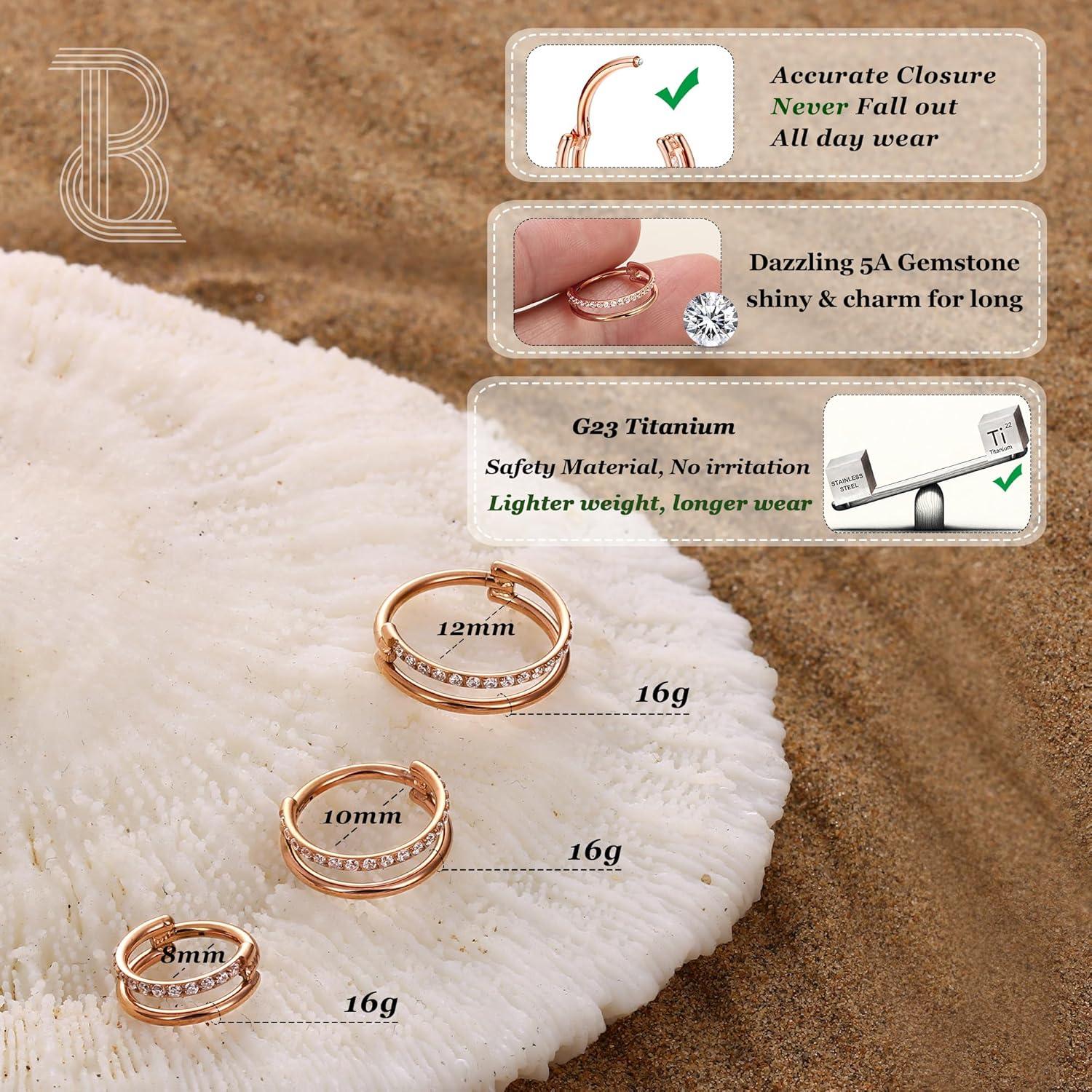 imageBodyBonita G23 Titanium Cartilage Earring Hoop Stacked Clicker 16G CZ DoubleTriple Septum Rings Conch Piercing Jewelry Tragus Daith Helix Nose Rings Hoops for Women SilverGold Plated 8mm 10mm 12mmDouble Layers CZ 16G Rose Gold