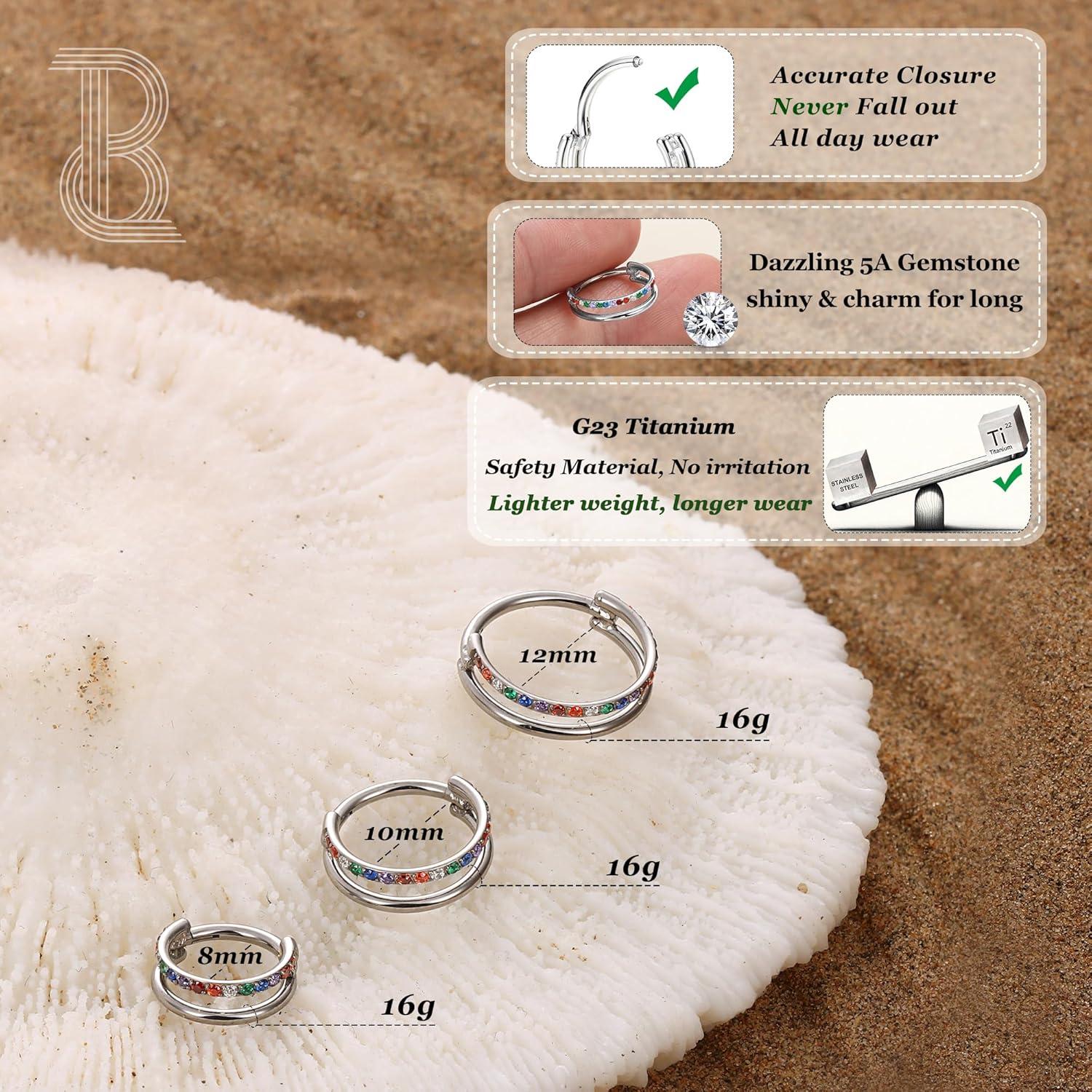 imageBodyBonita G23 Titanium Cartilage Earring Hoop Stacked Clicker 16G CZ DoubleTriple Septum Rings Conch Piercing Jewelry Tragus Daith Helix Nose Rings Hoops for Women SilverGold Plated 8mm 10mm 12mmDouble Layers Rainbow CZ 16G Silver