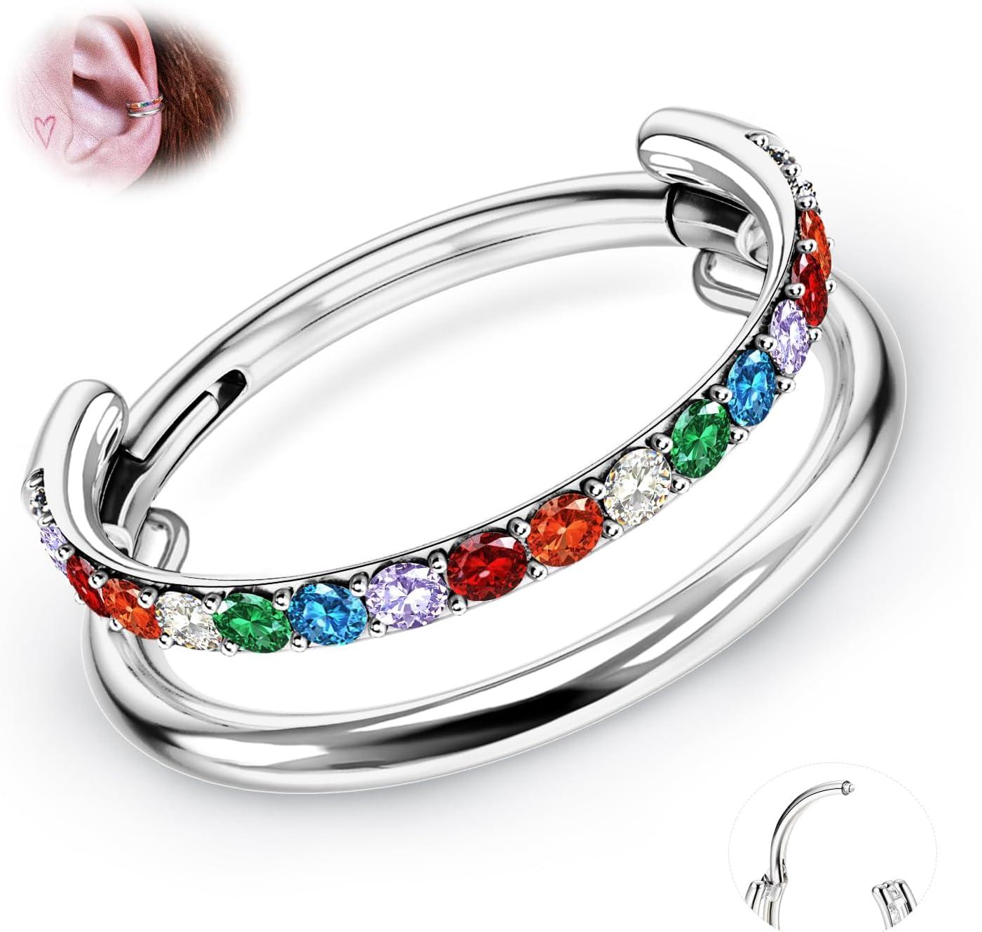 imageBodyBonita G23 Titanium Cartilage Earring Hoop Stacked Clicker 16G CZ DoubleTriple Septum Rings Conch Piercing Jewelry Tragus Daith Helix Nose Rings Hoops for Women SilverGold Plated 8mm 10mm 12mmDouble Layers Rainbow CZ 16G Silver
