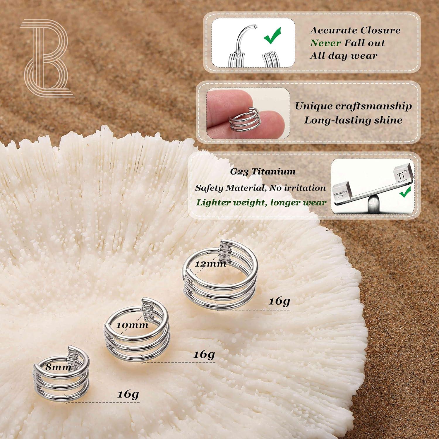 imageBodyBonita G23 Titanium Cartilage Earring Hoop Stacked Clicker 16G CZ DoubleTriple Septum Rings Conch Piercing Jewelry Tragus Daith Helix Nose Rings Hoops for Women SilverGold Plated 8mm 10mm 12mmTriple Layers 16G Silver