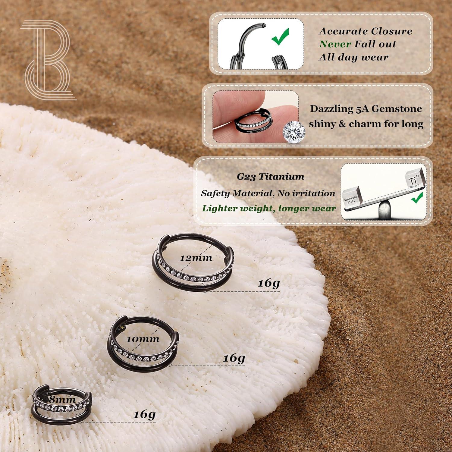 imageBodyBonita G23 Titanium Cartilage Earring Hoop Stacked Clicker 16G CZ DoubleTriple Septum Rings Conch Piercing Jewelry Tragus Daith Helix Nose Rings Hoops for Women SilverGold Plated 8mm 10mm 12mmDouble Layers CZ 16G Black