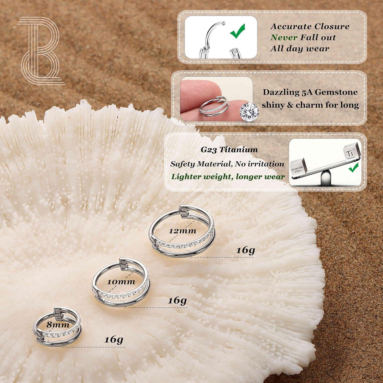 imageBodyBonita G23 Titanium Cartilage Earring Hoop Stacked Clicker 16G CZ DoubleTriple Septum Rings Conch Piercing Jewelry Tragus Daith Helix Nose Rings Hoops for Women SilverGold Plated 8mm 10mm 12mmDouble Layers CZ 16G Silver