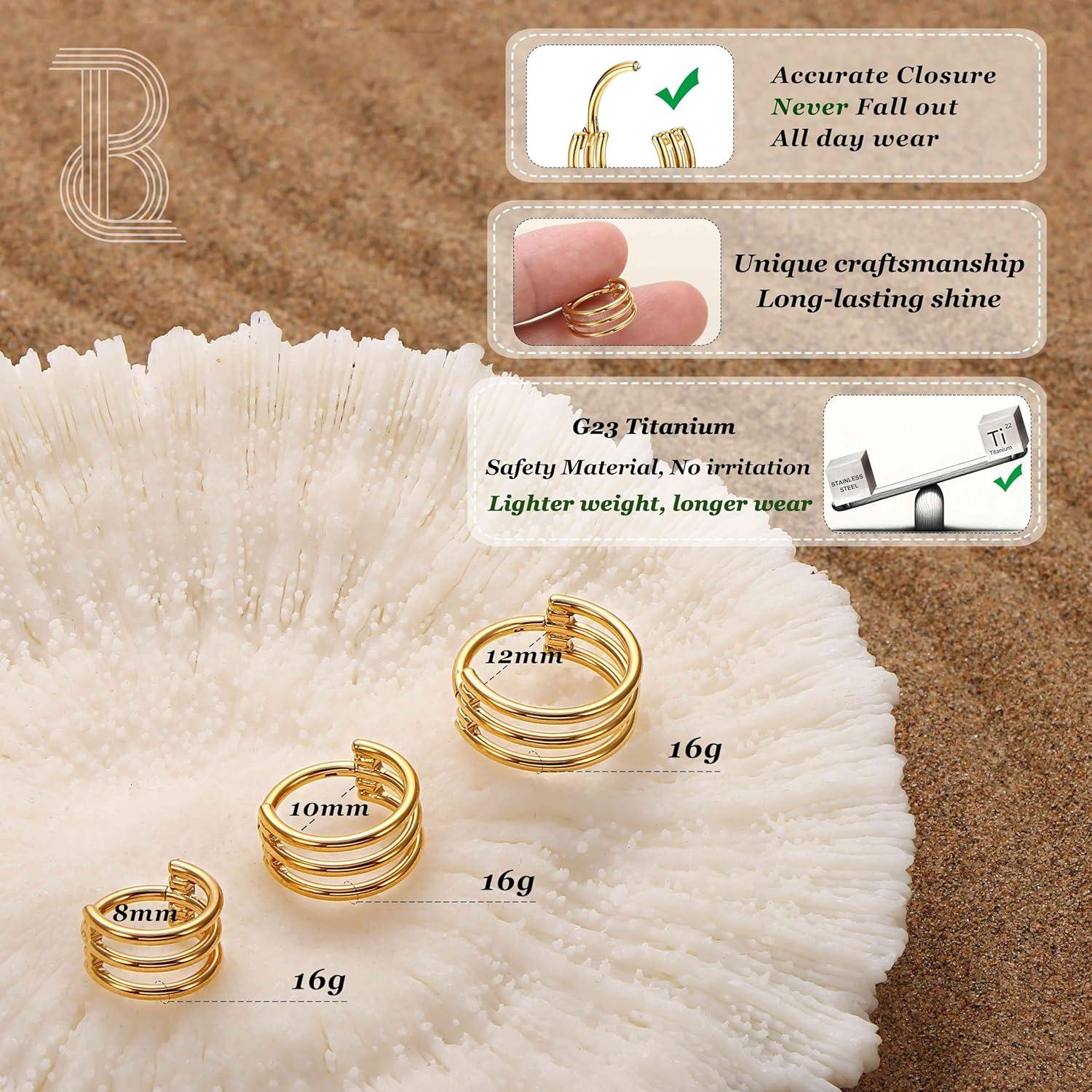 imageBodyBonita G23 Titanium Cartilage Earring Hoop Stacked Clicker 16G CZ DoubleTriple Septum Rings Conch Piercing Jewelry Tragus Daith Helix Nose Rings Hoops for Women SilverGold Plated 8mm 10mm 12mmTriple Layers 16G Gold