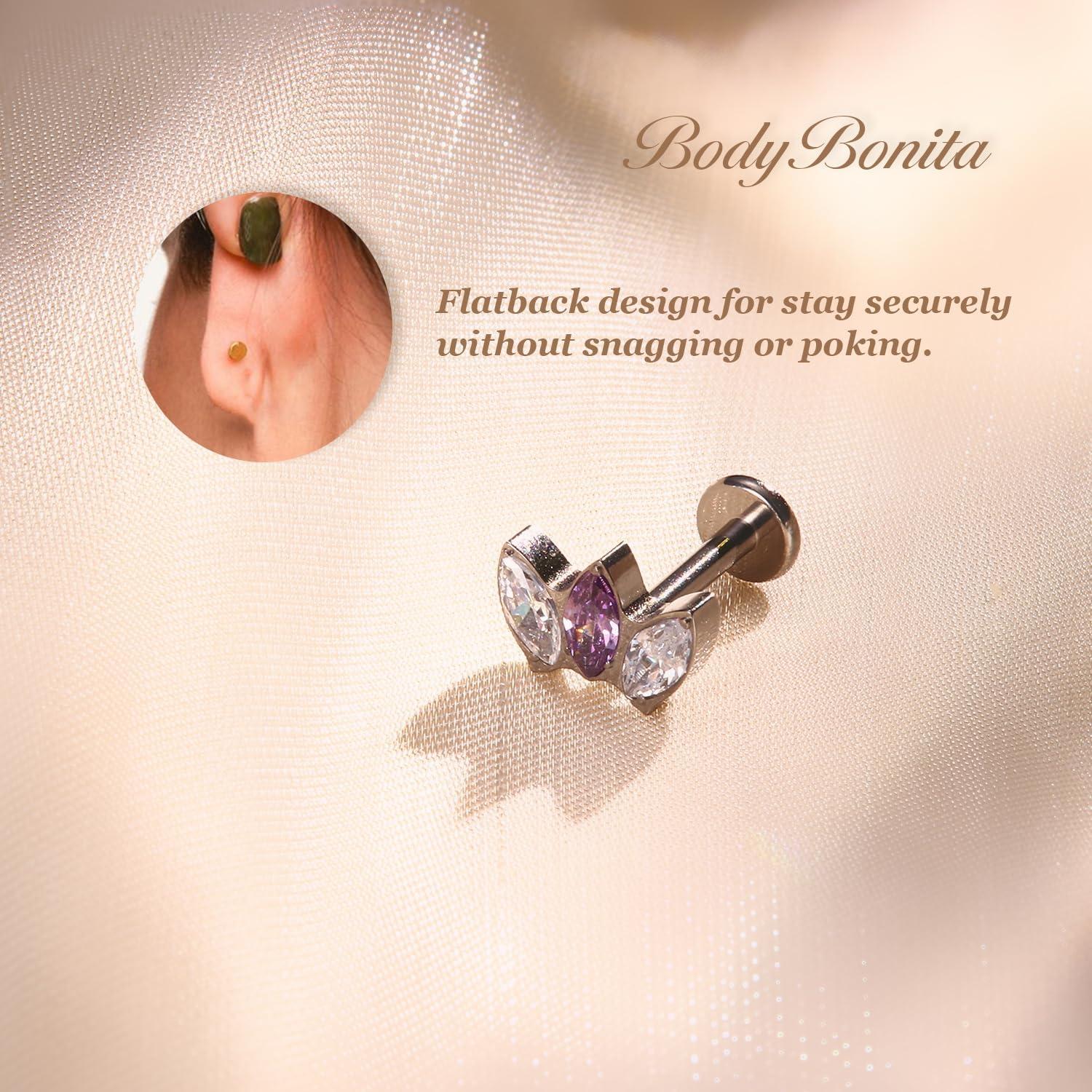 imageBodyBonita G23 Titanium Flat Back Stud Earrings Piercings Hypoallergenic 16G Tragus Piercing Jewelry Helix Medusa Monroe Labret Lip Conch Earring 8mmSilverPurple CZ
