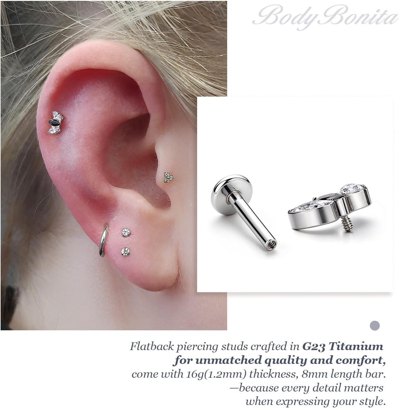 imageBodyBonita G23 Titanium Flat Back Stud Earrings Piercings Hypoallergenic 16G Tragus Piercing Jewelry Helix Medusa Monroe Labret Lip Conch Earring 8mmSilverBlack CZ