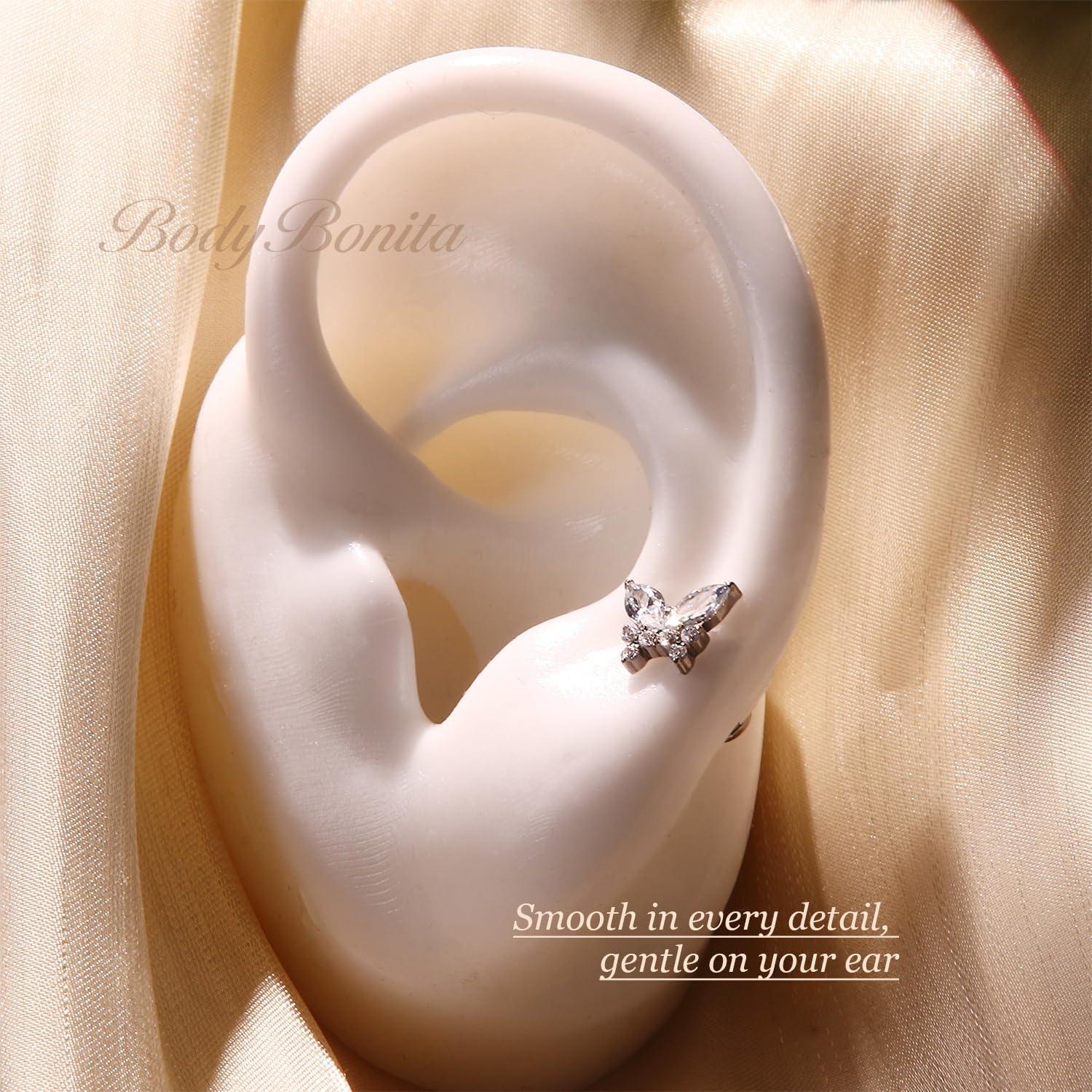 imageBodyBonita G23 Titanium Flat Back Stud Earrings Piercings Hypoallergenic 16G Tragus Piercing Jewelry Helix Medusa Monroe Labret Lip Conch Earring 8mmSilverButterfly