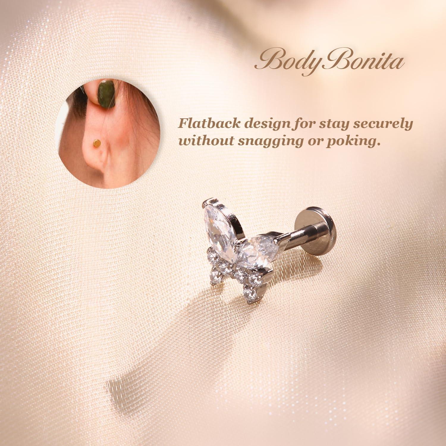 imageBodyBonita G23 Titanium Flat Back Stud Earrings Piercings Hypoallergenic 16G Tragus Piercing Jewelry Helix Medusa Monroe Labret Lip Conch Earring 8mmSilverButterfly