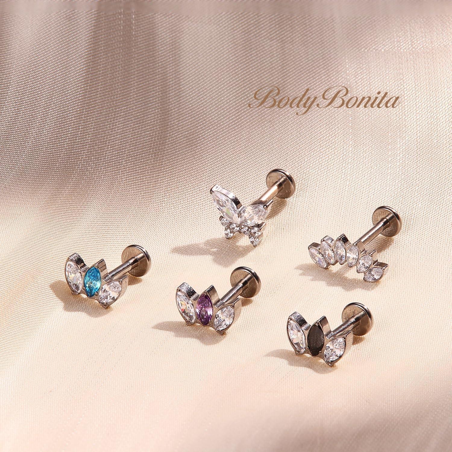 imageBodyBonita G23 Titanium Flat Back Stud Earrings Piercings Hypoallergenic 16G Tragus Piercing Jewelry Helix Medusa Monroe Labret Lip Conch Earring 8mmSilverBlue CZ