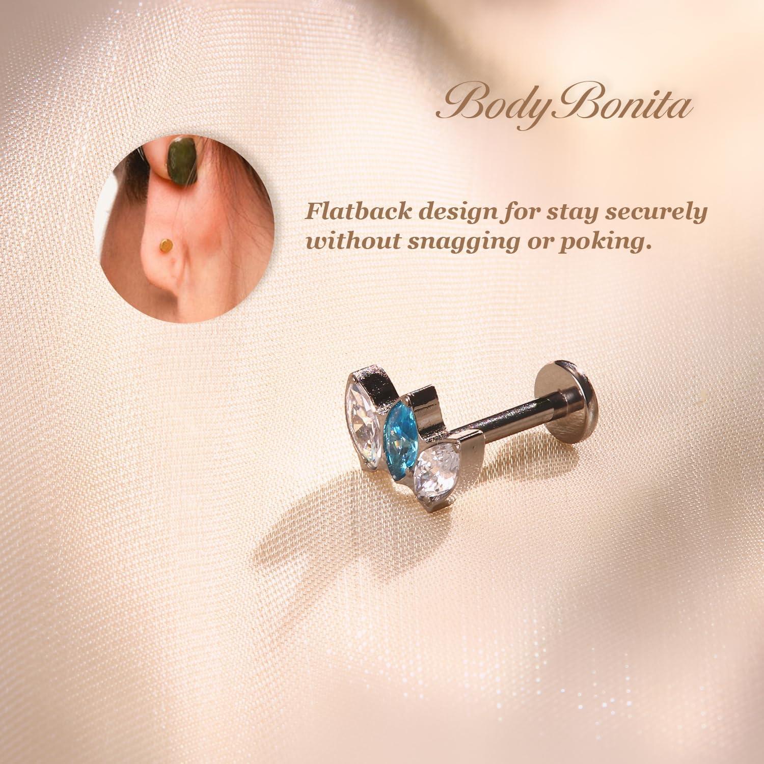imageBodyBonita G23 Titanium Flat Back Stud Earrings Piercings Hypoallergenic 16G Tragus Piercing Jewelry Helix Medusa Monroe Labret Lip Conch Earring 8mmSilverBlue CZ