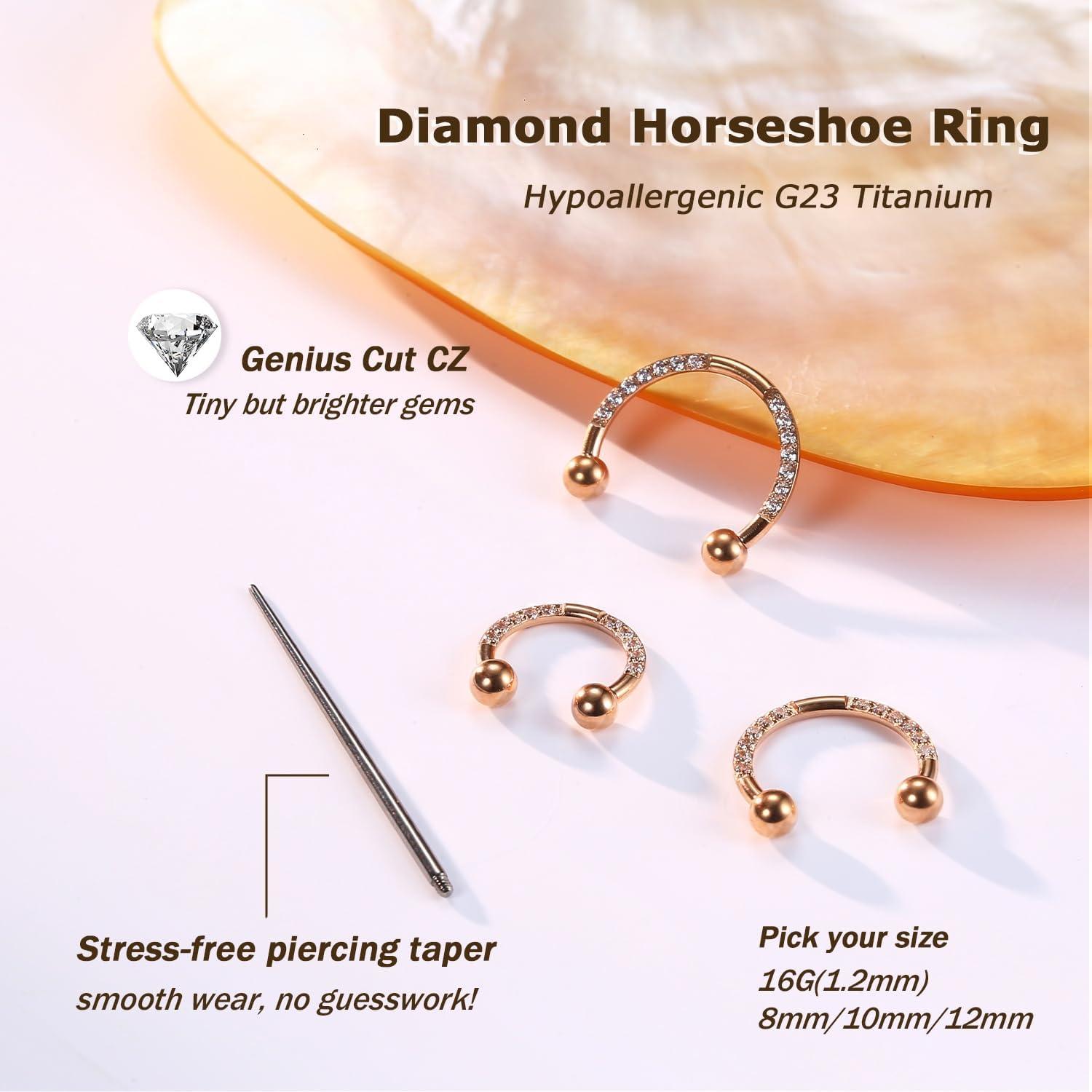 imageBodyBonita G23 Titanium Horseshoe Nose Rings Septum 16G with Threaded Piercing TaperPick Up ToolReplacement Balls for Piercings Circular BarbellSpike Lip Piercing Helix Daith Jewelry for WomenRoseGoldHorseshoeRing