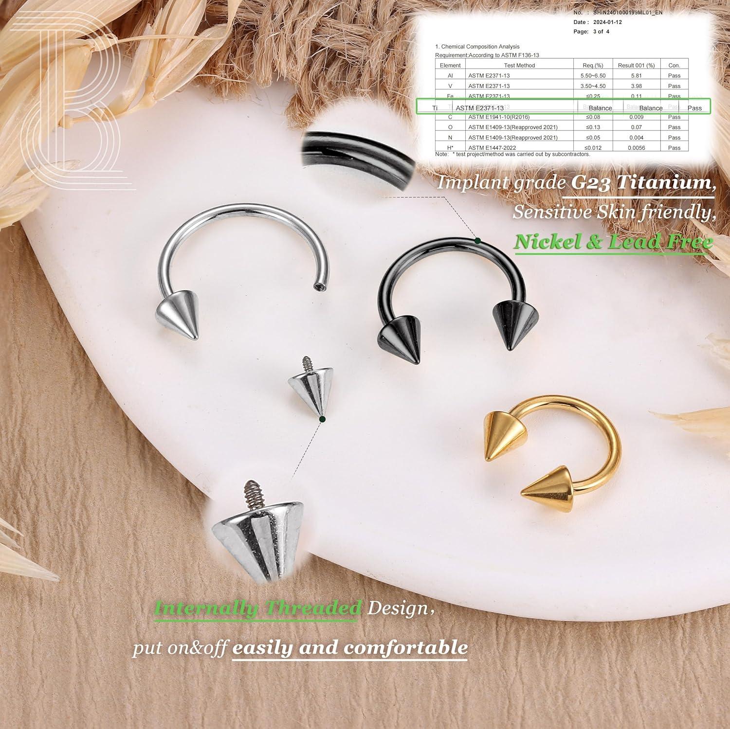 imageBodyBonita G23 Titanium Horseshoe Septum Rings 23pcs Nose Rings Circular Barbell Spikes Septum Jewelry Nose Piercing Jewelry Conch Helix Rook Lip Cartilage Earring Men Gold PlatedSilverBlackMixed3pcs