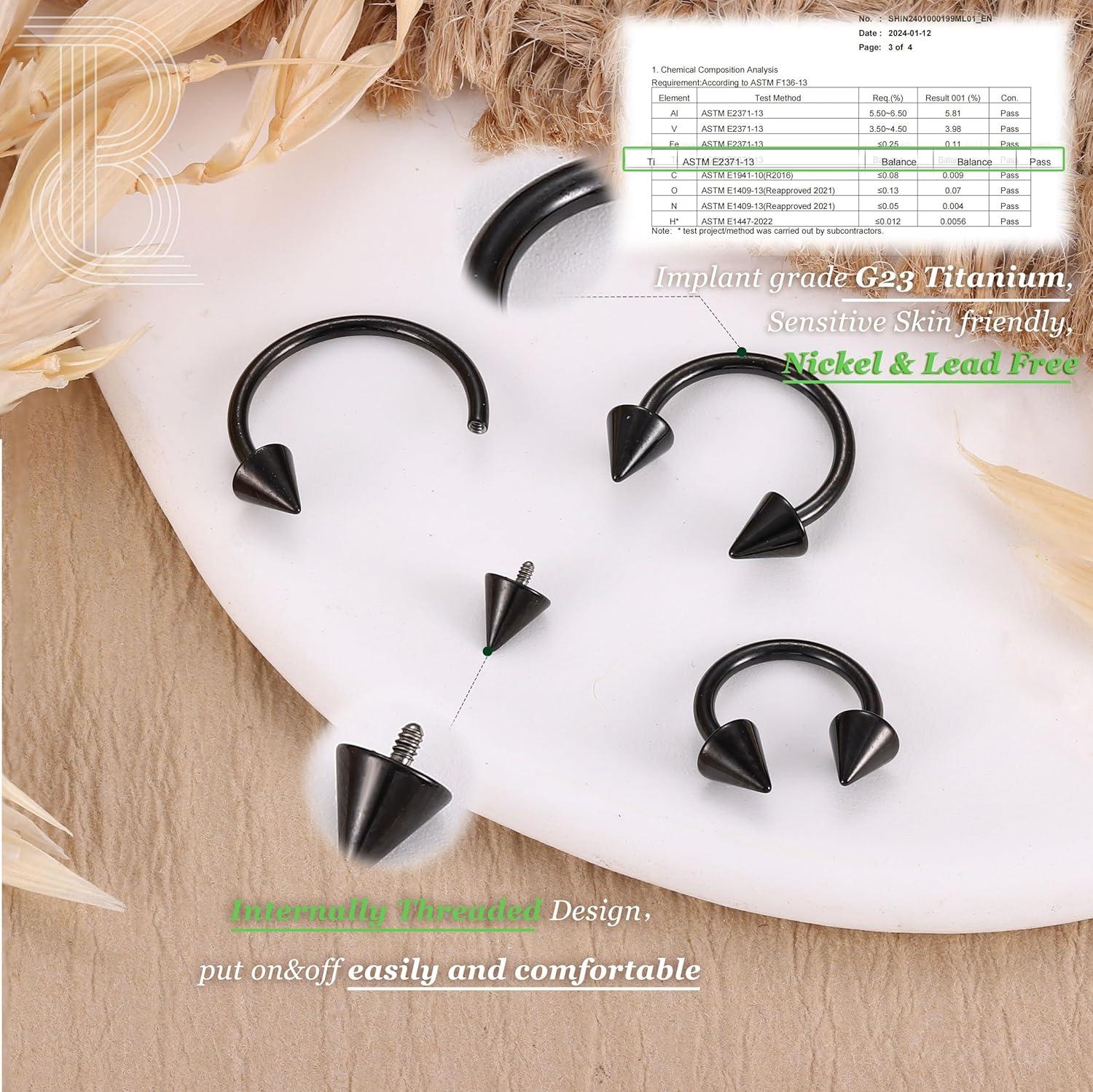 imageBodyBonita G23 Titanium Horseshoe Septum Rings 23pcs Nose Rings Circular Barbell Spikes Septum Jewelry Nose Piercing Jewelry Conch Helix Rook Lip Cartilage Earring Men Gold PlatedSilverBlackBlack3pcs