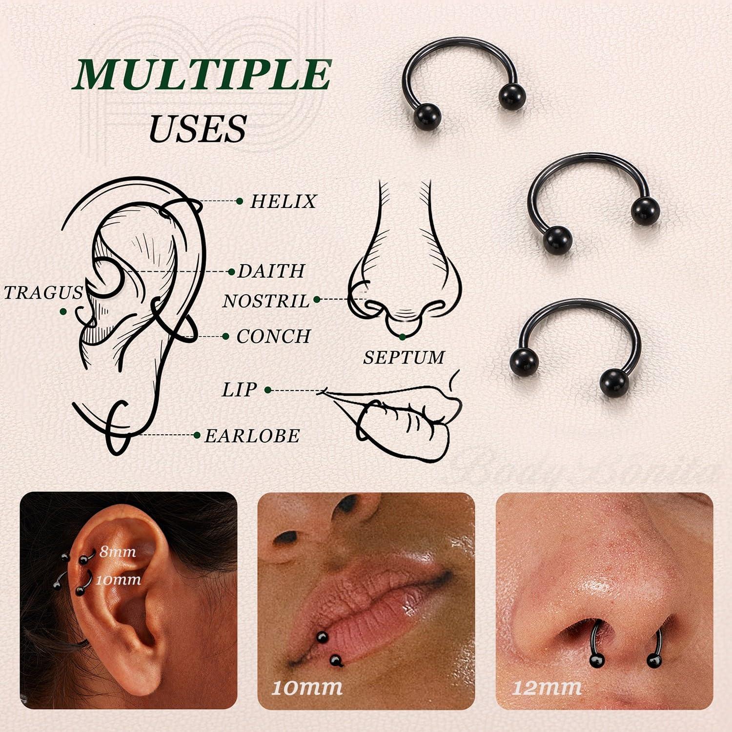 imageBodyBonita G23 Titanium Horseshoe Septum Rings 23pcs Nose Rings Circular Barbell Spikes Septum Jewelry Nose Piercing Jewelry Conch Helix Rook Lip Cartilage Earring Men Gold PlatedSilverBlackBlack3pcs