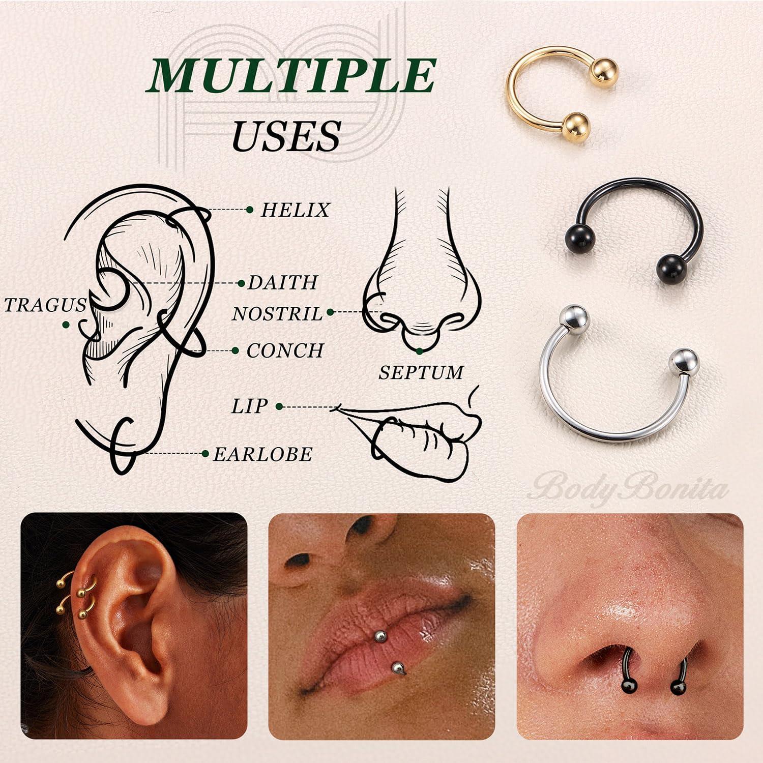 imageBodyBonita G23 Titanium Horseshoe Septum Rings 23pcs Nose Rings Circular Barbell Spikes Septum Jewelry Nose Piercing Jewelry Conch Helix Rook Lip Cartilage Earring Men Gold PlatedSilverBlackMixed3pcs