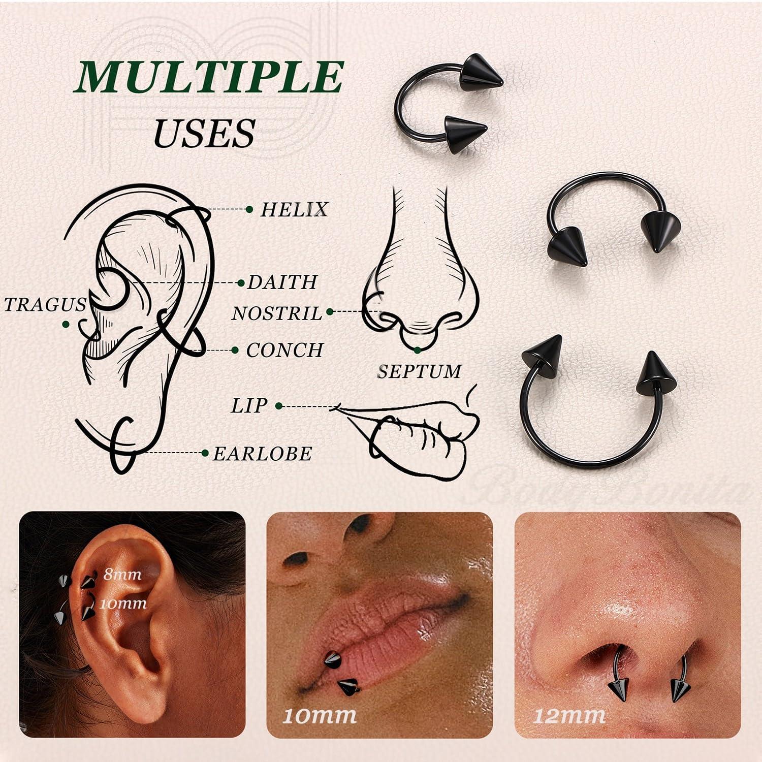 imageBodyBonita G23 Titanium Horseshoe Septum Rings 23pcs Nose Rings Circular Barbell Spikes Septum Jewelry Nose Piercing Jewelry Conch Helix Rook Lip Cartilage Earring Men Gold PlatedSilverBlackBlack3pcs