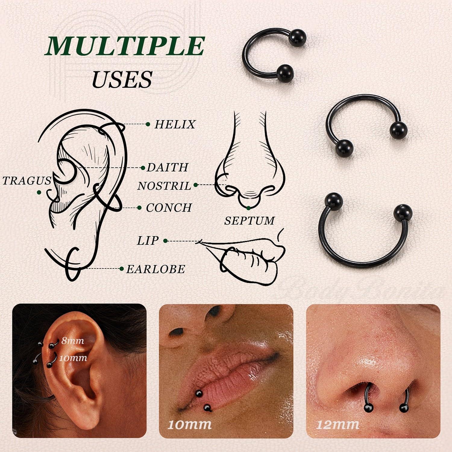 imageBodyBonita G23 Titanium Horseshoe Septum Rings 23pcs Nose Rings Circular Barbell Spikes Septum Jewelry Nose Piercing Jewelry Conch Helix Rook Lip Cartilage Earring Men Gold PlatedSilverBlackBlack3pcs