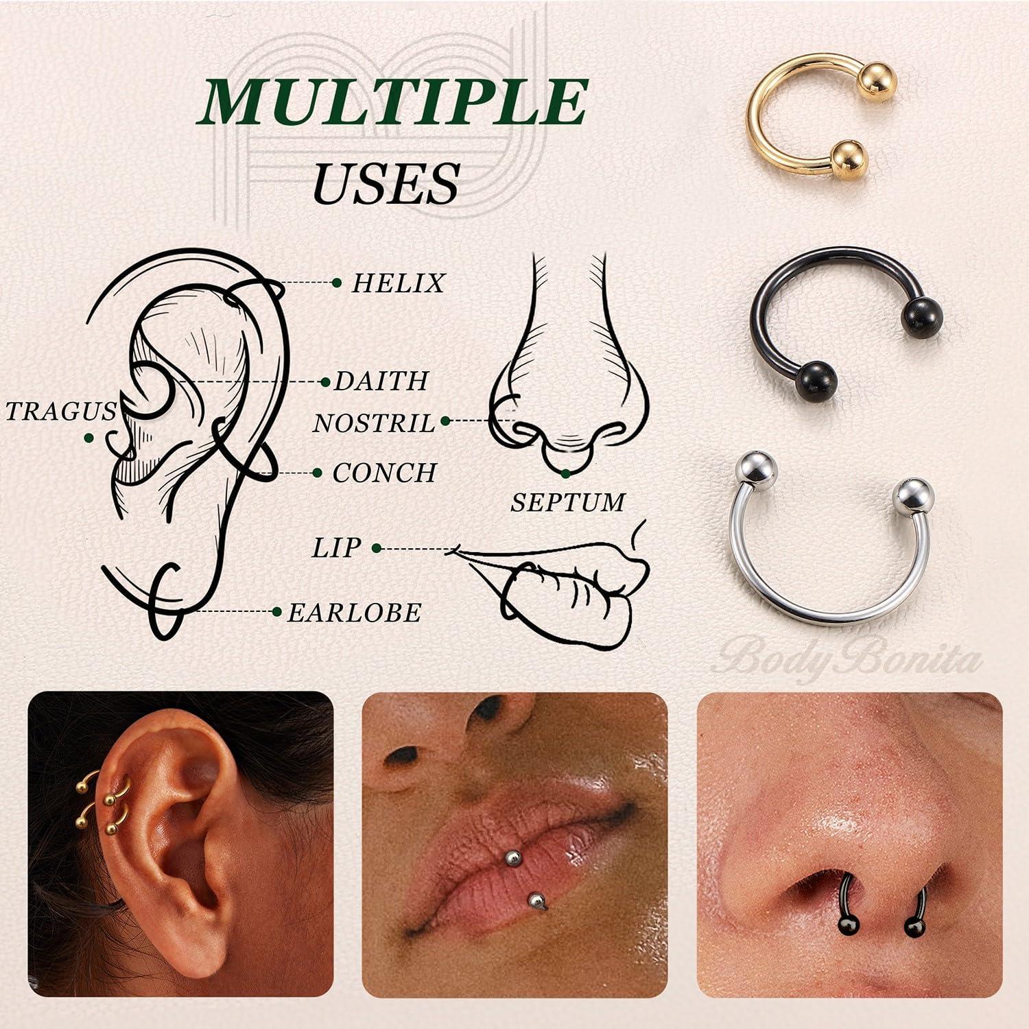imageBodyBonita G23 Titanium Horseshoe Septum Rings 23pcs Nose Rings Circular Barbell Spikes Septum Jewelry Nose Piercing Jewelry Conch Helix Rook Lip Cartilage Earring Men Gold PlatedSilverBlackMixed3pcs