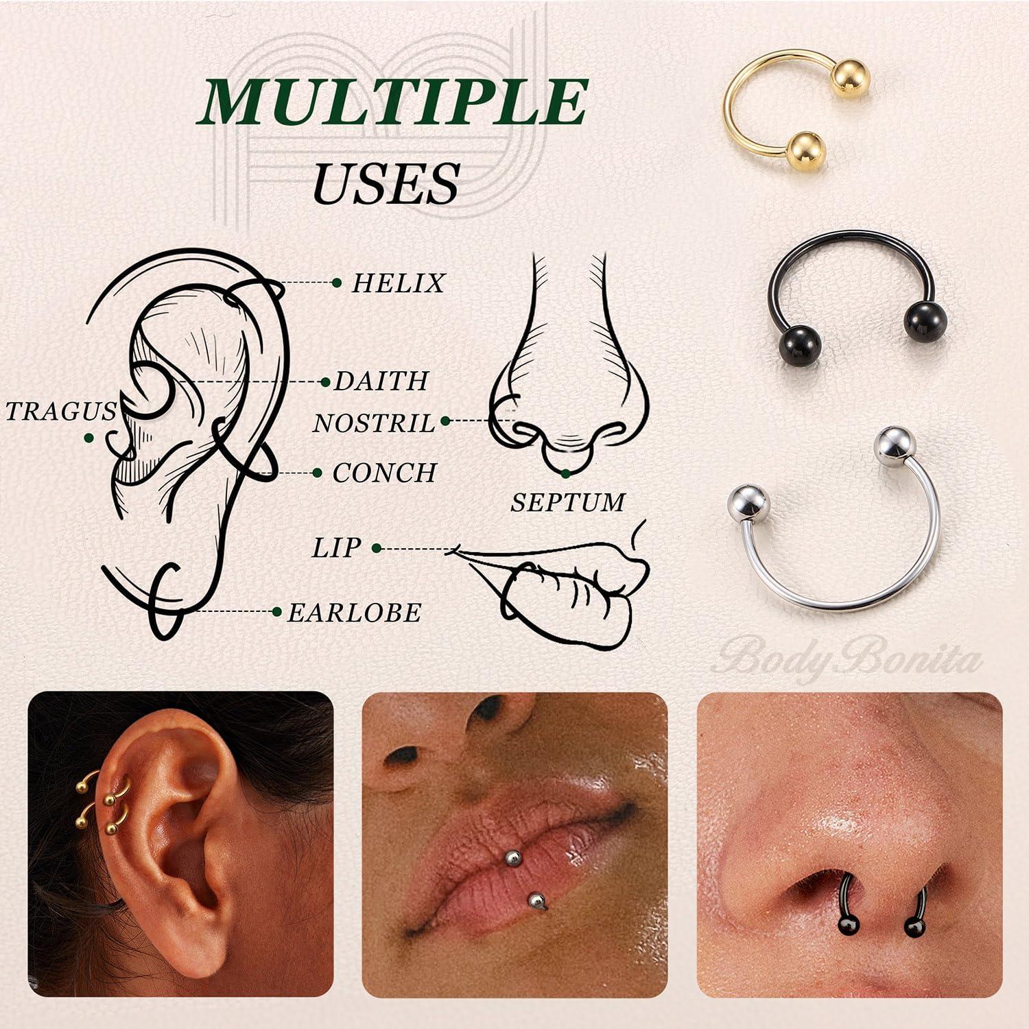 imageBodyBonita G23 Titanium Horseshoe Septum Rings 23pcs Nose Rings Circular Barbell Spikes Septum Jewelry Nose Piercing Jewelry Conch Helix Rook Lip Cartilage Earring Men Gold PlatedSilverBlackMixed3pcs