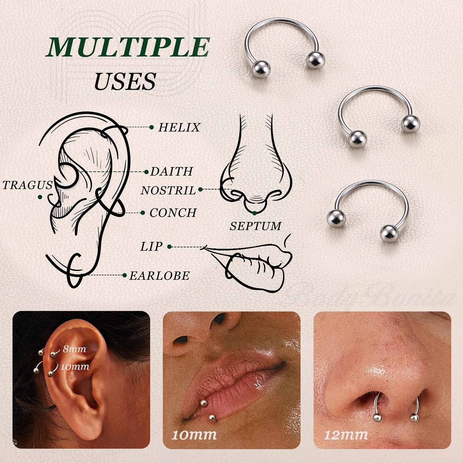 imageBodyBonita G23 Titanium Horseshoe Septum Rings 23pcs Nose Rings Circular Barbell Spikes Septum Jewelry Nose Piercing Jewelry Conch Helix Rook Lip Cartilage Earring Men Gold PlatedSilverBlackSilver3pcs