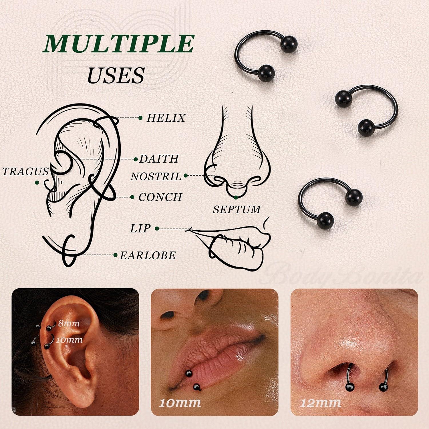 imageBodyBonita G23 Titanium Horseshoe Septum Rings 23pcs Nose Rings Circular Barbell Spikes Septum Jewelry Nose Piercing Jewelry Conch Helix Rook Lip Cartilage Earring Men Gold PlatedSilverBlackBlack3pcs