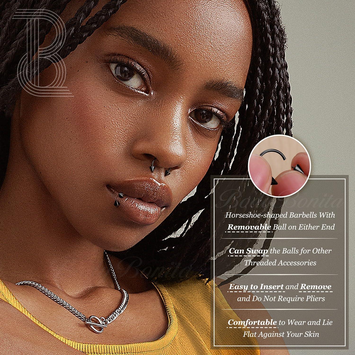 imageBodyBonita G23 Titanium Horseshoe Septum Rings 23pcs Nose Rings Circular Barbell Spikes Septum Jewelry Nose Piercing Jewelry Conch Helix Rook Lip Cartilage Earring Men Gold PlatedSilverBlackMixed3pcs