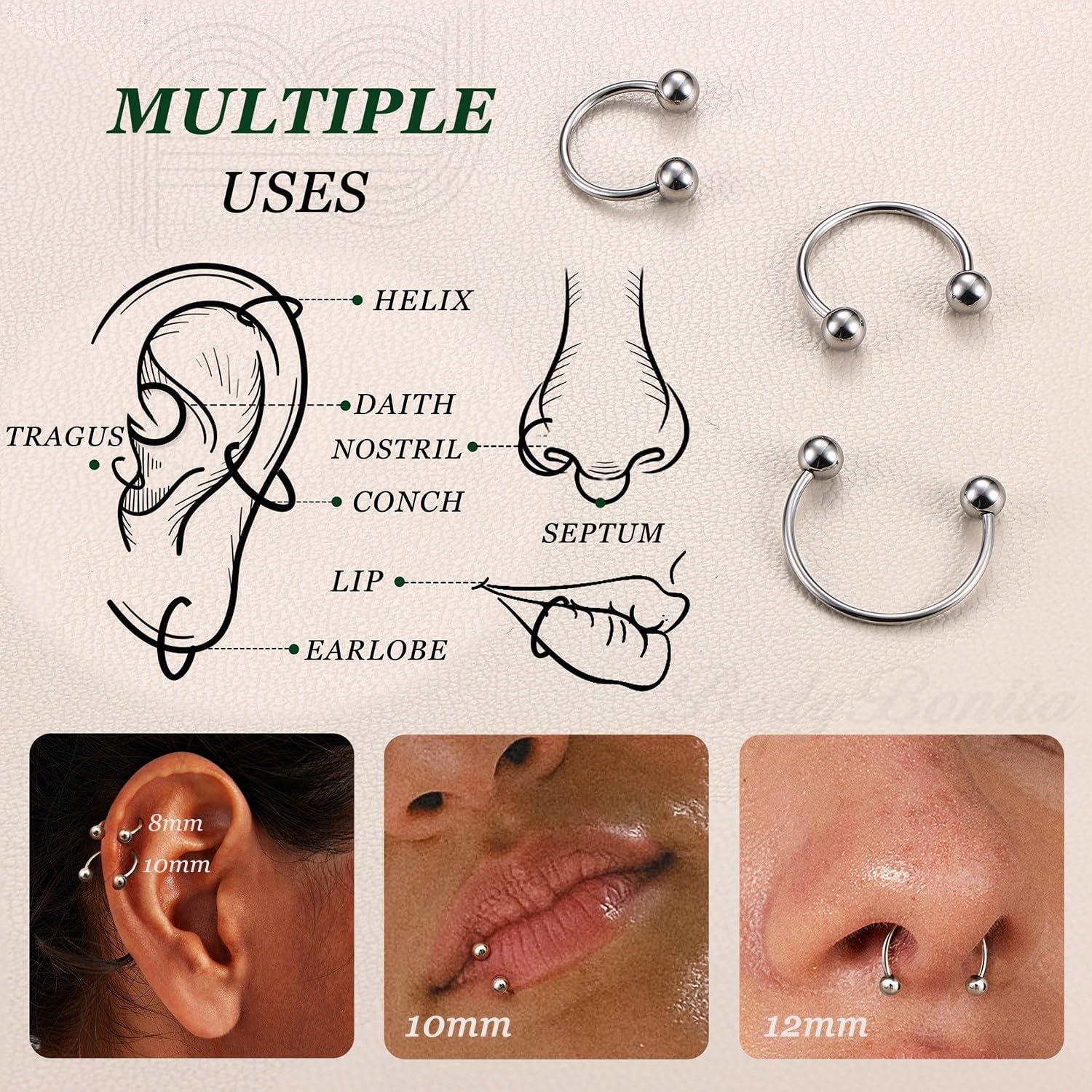 imageBodyBonita G23 Titanium Horseshoe Septum Rings 23pcs Nose Rings Circular Barbell Spikes Septum Jewelry Nose Piercing Jewelry Conch Helix Rook Lip Cartilage Earring Men Gold PlatedSilverBlackSilver3pcs