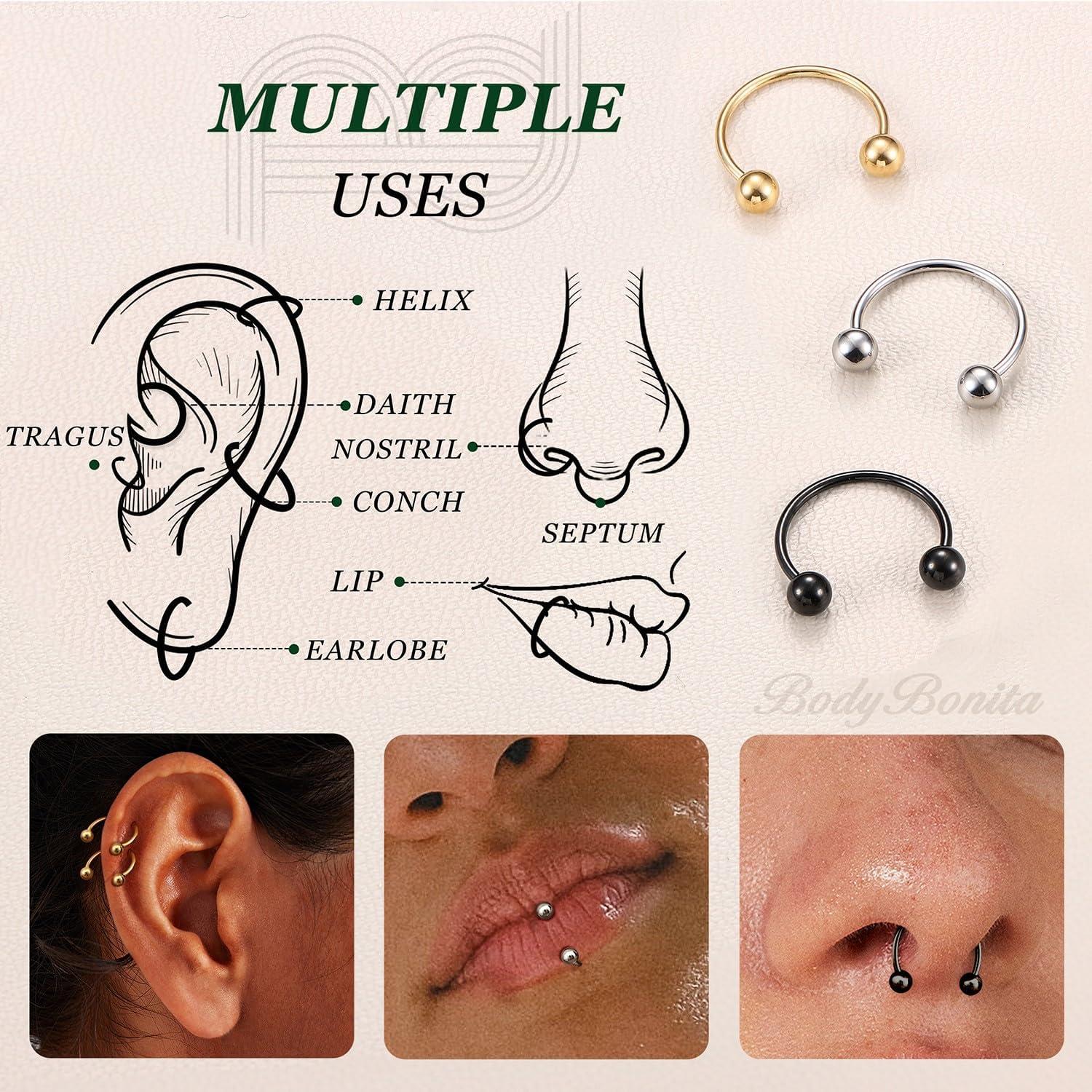 imageBodyBonita G23 Titanium Horseshoe Septum Rings 23pcs Nose Rings Circular Barbell Spikes Septum Jewelry Nose Piercing Jewelry Conch Helix Rook Lip Cartilage Earring Men Gold PlatedSilverBlackMixed3pcs