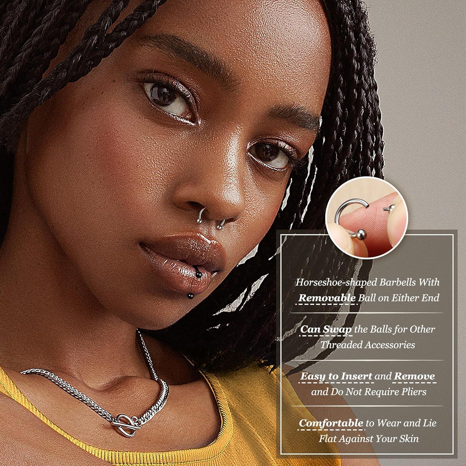 imageBodyBonita G23 Titanium Horseshoe Septum Rings 23pcs Nose Rings Circular Barbell Spikes Septum Jewelry Nose Piercing Jewelry Conch Helix Rook Lip Cartilage Earring Men Gold PlatedSilverBlackSilver and Black2pcs