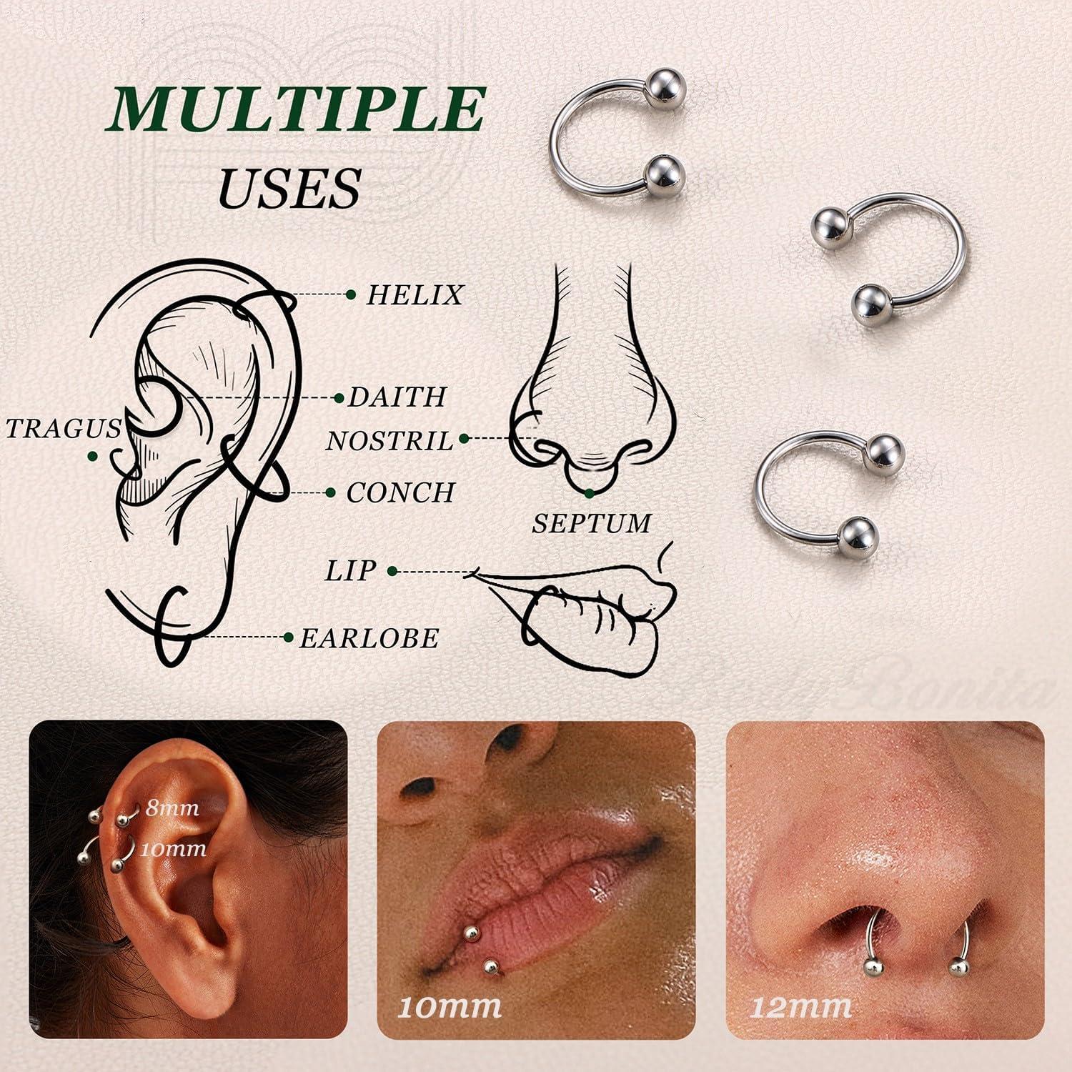 imageBodyBonita G23 Titanium Horseshoe Septum Rings 23pcs Nose Rings Circular Barbell Spikes Septum Jewelry Nose Piercing Jewelry Conch Helix Rook Lip Cartilage Earring Men Gold PlatedSilverBlackSilver3pcs