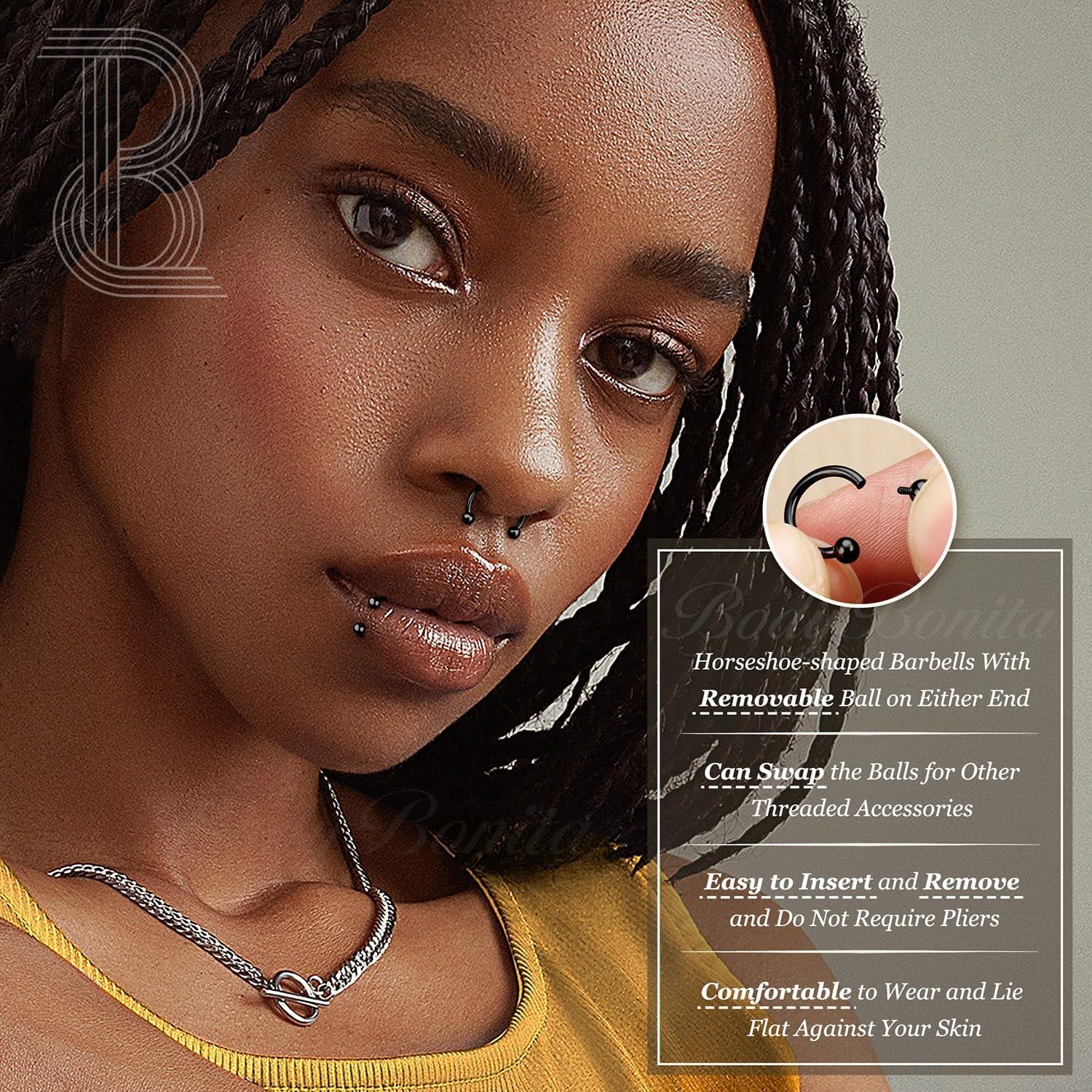 imageBodyBonita G23 Titanium Horseshoe Septum Rings 23pcs Nose Rings Circular Barbell Spikes Septum Jewelry Nose Piercing Jewelry Conch Helix Rook Lip Cartilage Earring Men Gold PlatedSilverBlackMixed3pcs