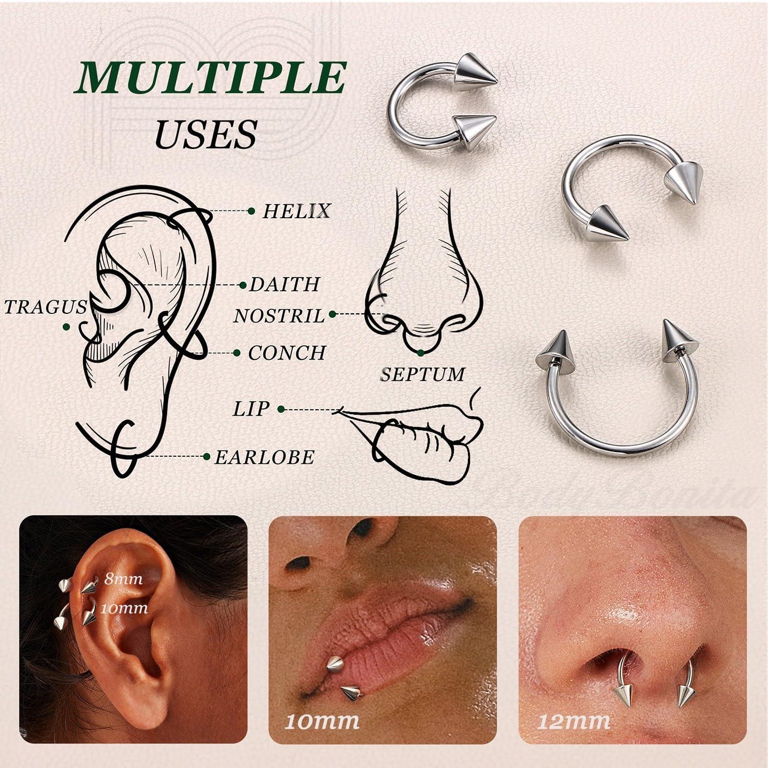 imageBodyBonita G23 Titanium Horseshoe Septum Rings 23pcs Nose Rings Circular Barbell Spikes Septum Jewelry Nose Piercing Jewelry Conch Helix Rook Lip Cartilage Earring Men Gold PlatedSilverBlackSilver3pcs