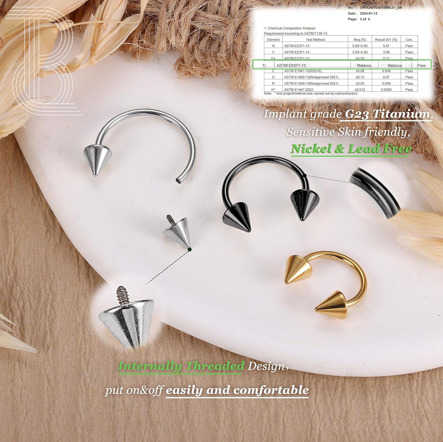 imageBodyBonita G23 Titanium Horseshoe Septum Rings 23pcs Nose Rings Circular Barbell Spikes Septum Jewelry Nose Piercing Jewelry Conch Helix Rook Lip Cartilage Earring Men Gold PlatedSilverBlackMixed3pcs