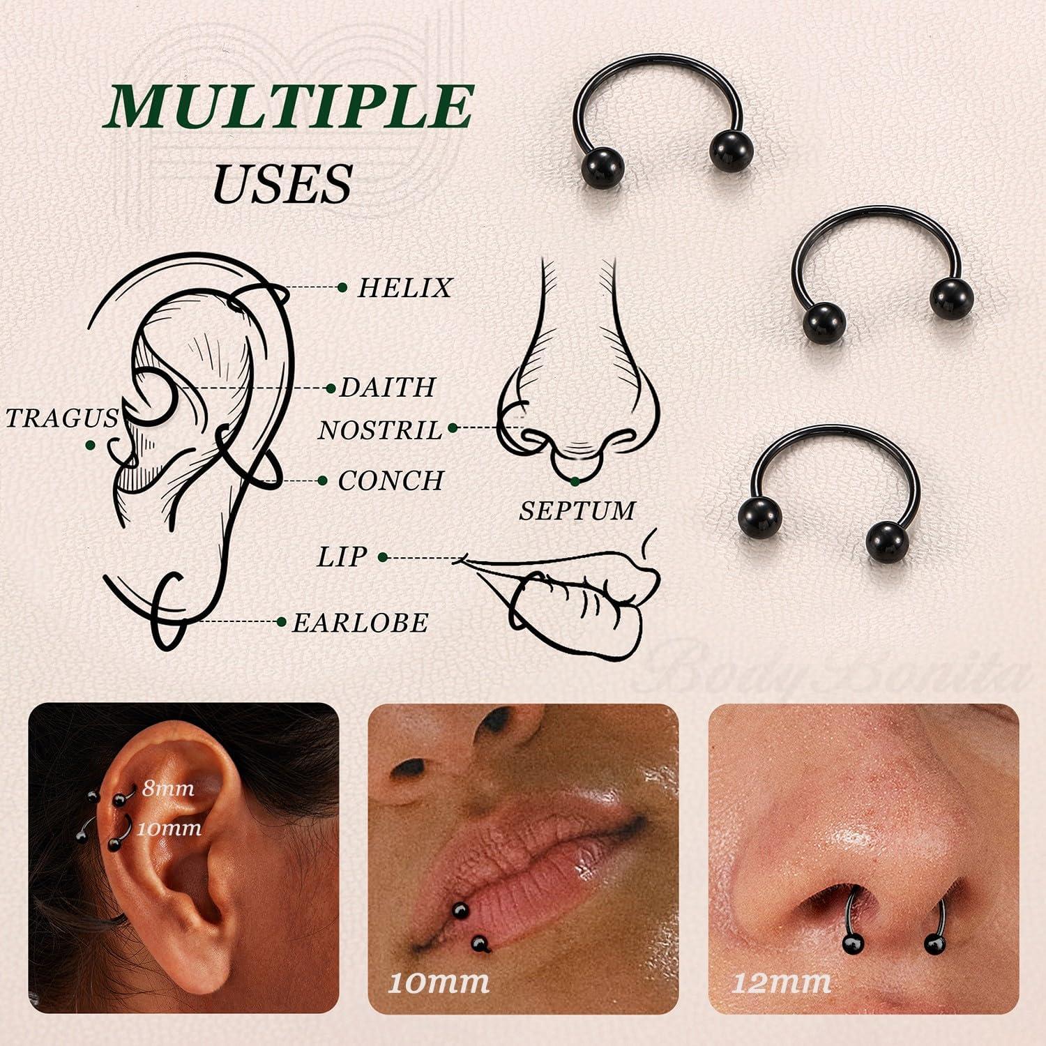 imageBodyBonita G23 Titanium Horseshoe Septum Rings 23pcs Nose Rings Circular Barbell Spikes Septum Jewelry Nose Piercing Jewelry Conch Helix Rook Lip Cartilage Earring Men Gold PlatedSilverBlackBlack3pcs