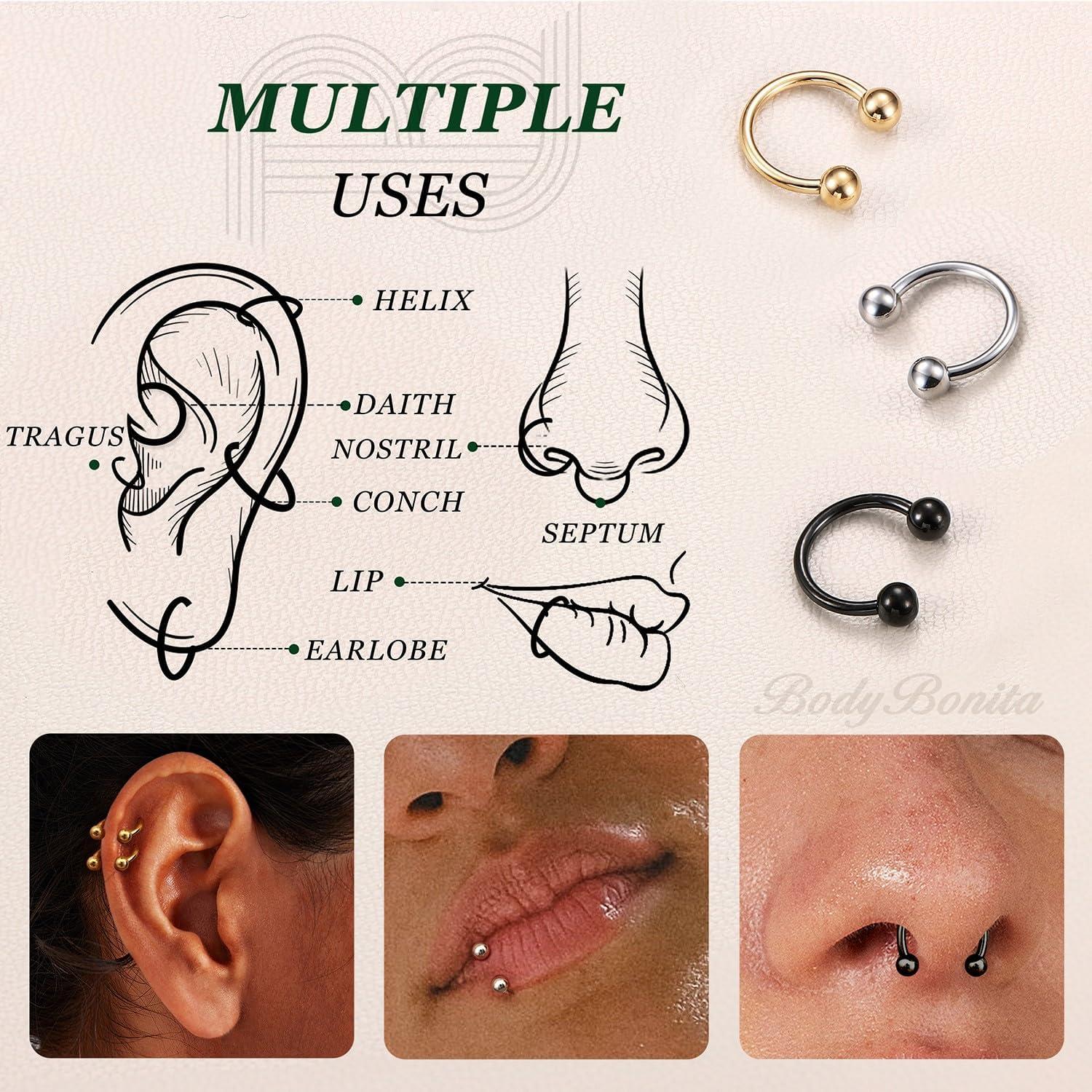 imageBodyBonita G23 Titanium Horseshoe Septum Rings 23pcs Nose Rings Circular Barbell Spikes Septum Jewelry Nose Piercing Jewelry Conch Helix Rook Lip Cartilage Earring Men Gold PlatedSilverBlackMixed3pcs