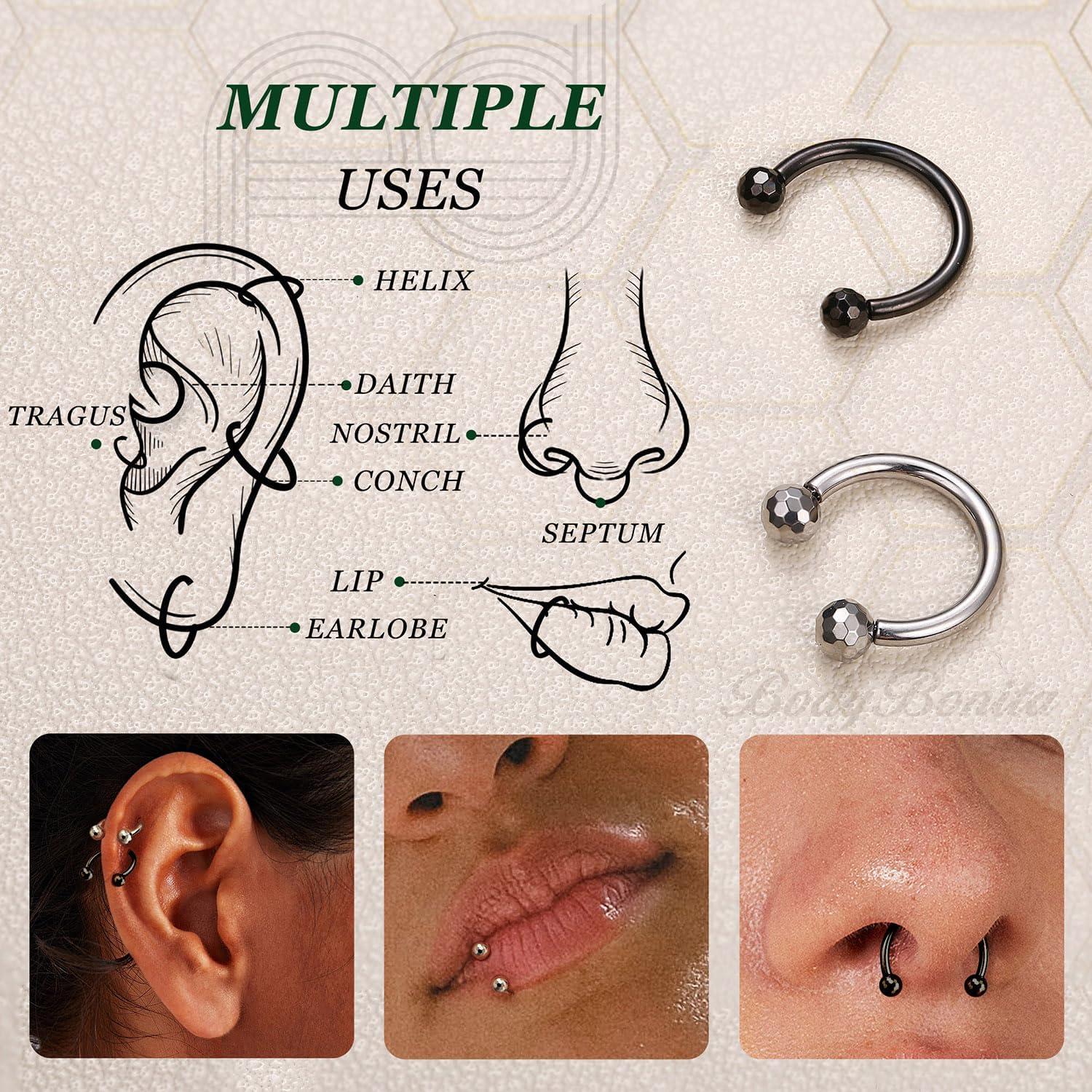 imageBodyBonita G23 Titanium Horseshoe Septum Rings 23pcs Nose Rings Circular Barbell Spikes Septum Jewelry Nose Piercing Jewelry Conch Helix Rook Lip Cartilage Earring Men Gold PlatedSilverBlackSilver and Black2pcs