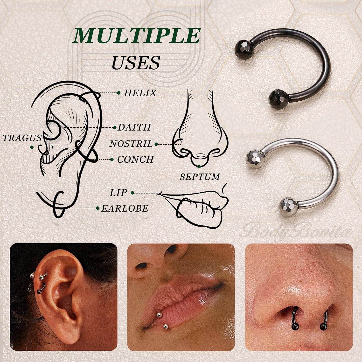 imageBodyBonita G23 Titanium Horseshoe Septum Rings 23pcs Nose Rings Circular Barbell Spikes Septum Jewelry Nose Piercing Jewelry Conch Helix Rook Lip Cartilage Earring Men Gold PlatedSilverBlackSilver and Black2pcs
