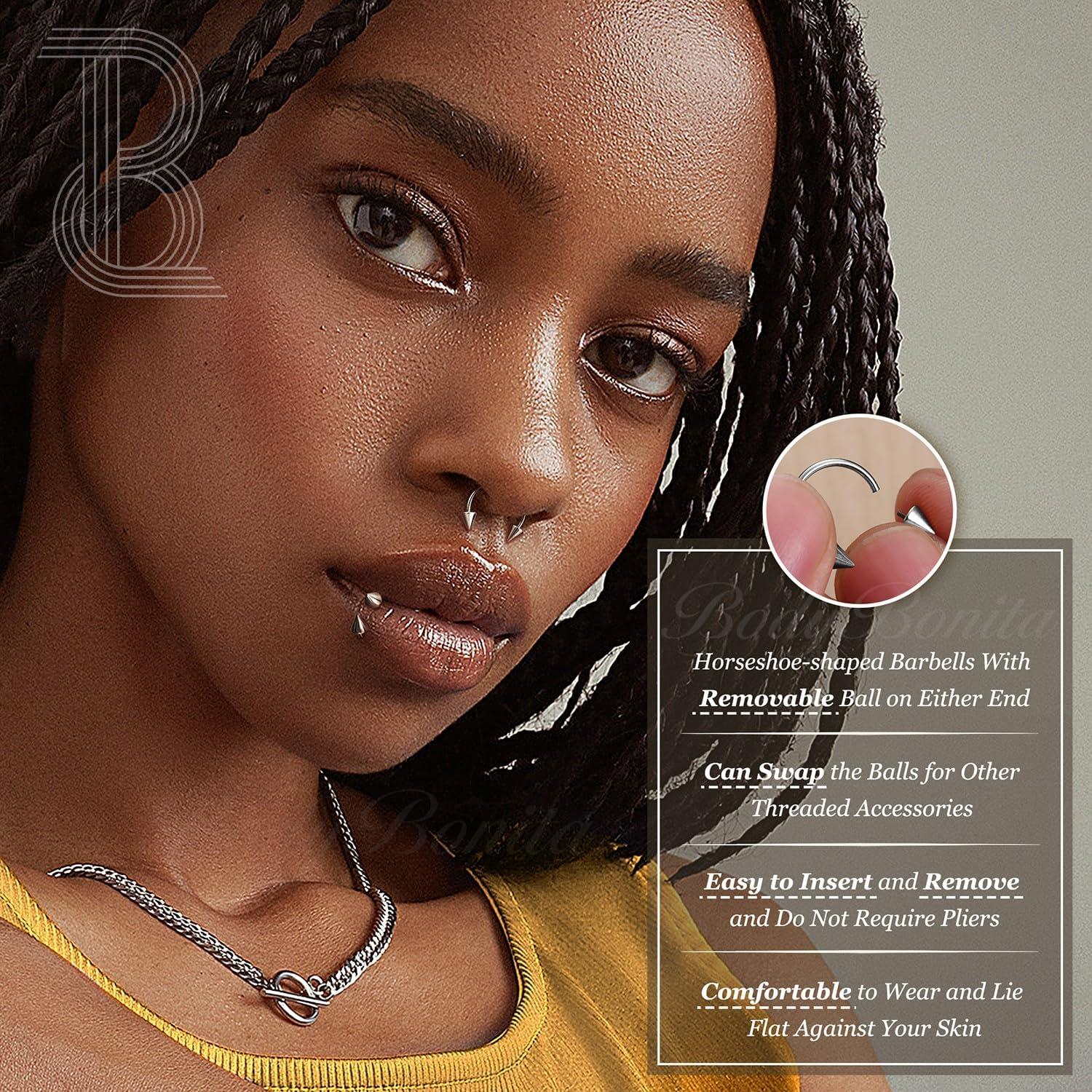 imageBodyBonita G23 Titanium Horseshoe Septum Rings 23pcs Nose Rings Circular Barbell Spikes Septum Jewelry Nose Piercing Jewelry Conch Helix Rook Lip Cartilage Earring Men Gold PlatedSilverBlackSilver3pcs