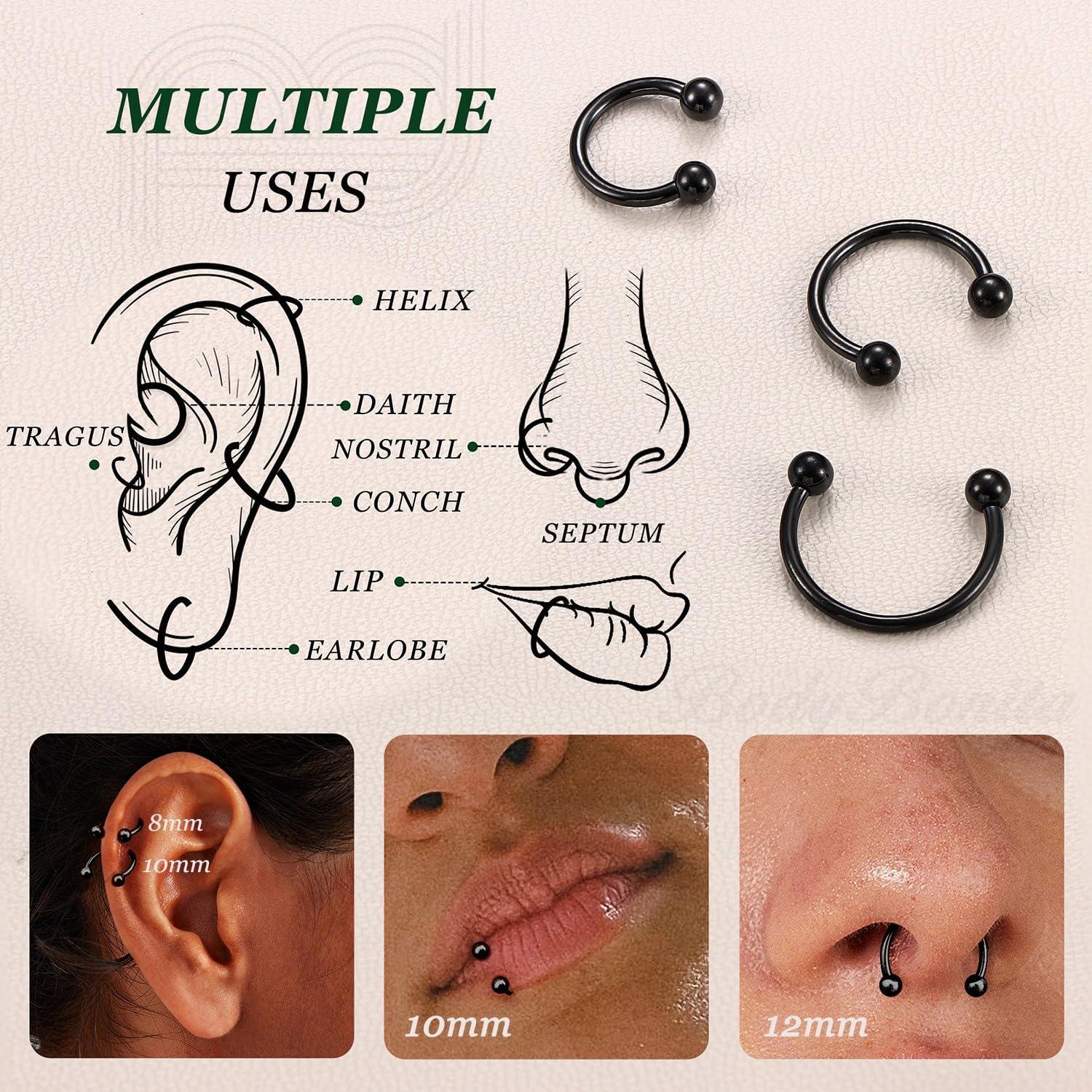 imageBodyBonita G23 Titanium Horseshoe Septum Rings 23pcs Nose Rings Circular Barbell Spikes Septum Jewelry Nose Piercing Jewelry Conch Helix Rook Lip Cartilage Earring Men Gold PlatedSilverBlackBlack3pcs