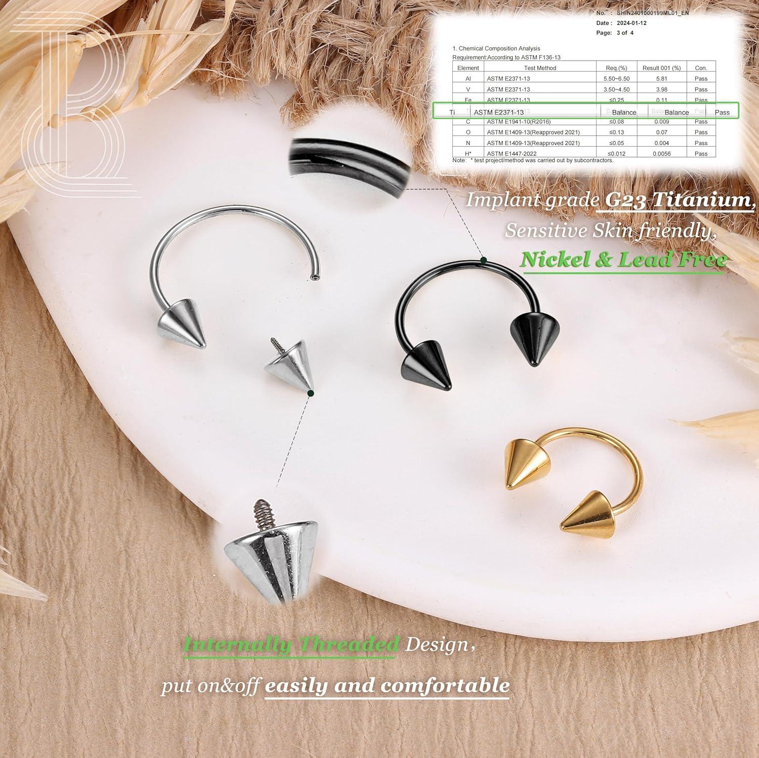 imageBodyBonita G23 Titanium Horseshoe Septum Rings 23pcs Nose Rings Circular Barbell Spikes Septum Jewelry Nose Piercing Jewelry Conch Helix Rook Lip Cartilage Earring Men Gold PlatedSilverBlackMixed3pcs