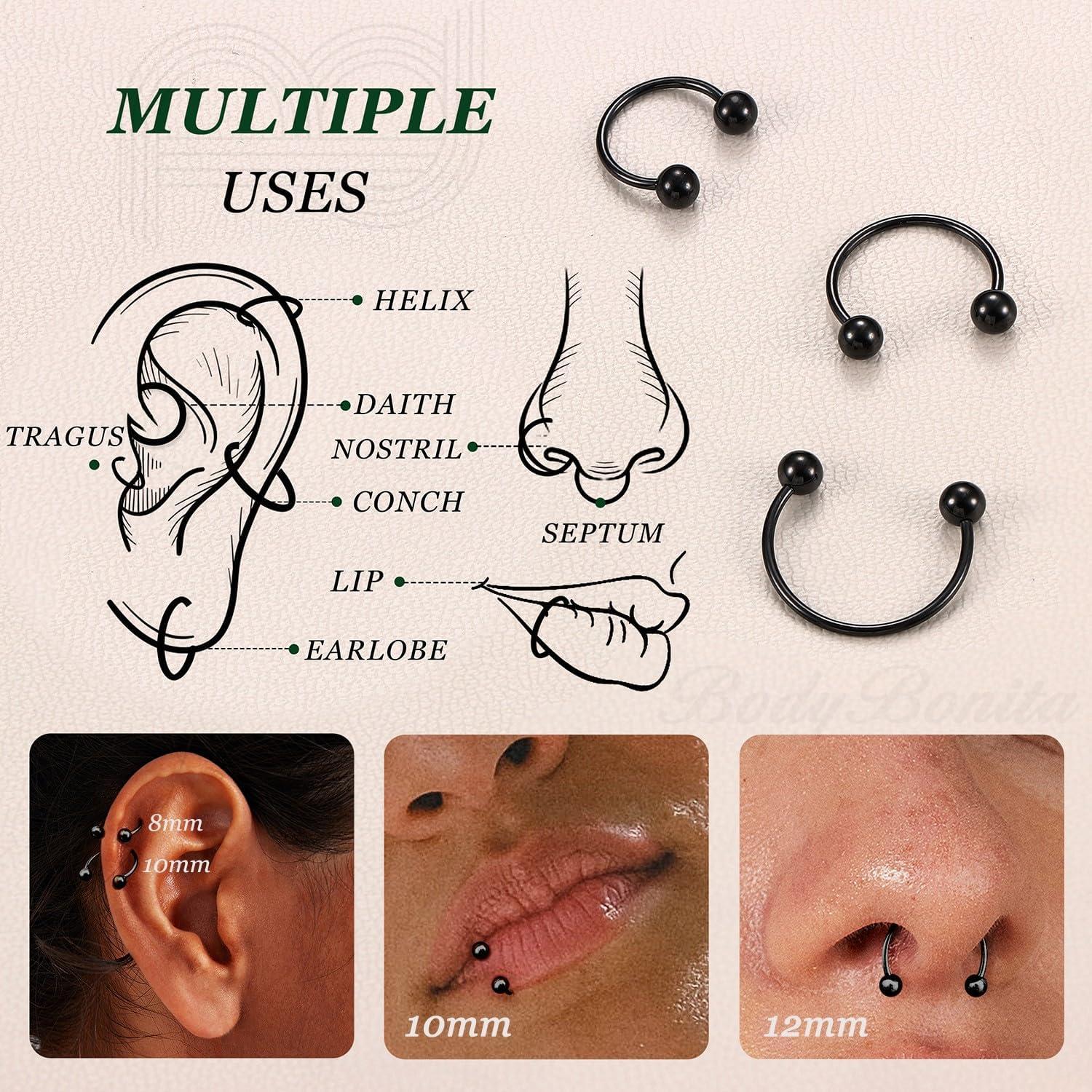 imageBodyBonita G23 Titanium Horseshoe Septum Rings 23pcs Nose Rings Circular Barbell Spikes Septum Jewelry Nose Piercing Jewelry Conch Helix Rook Lip Cartilage Earring Men Gold PlatedSilverBlackBlack3pcs