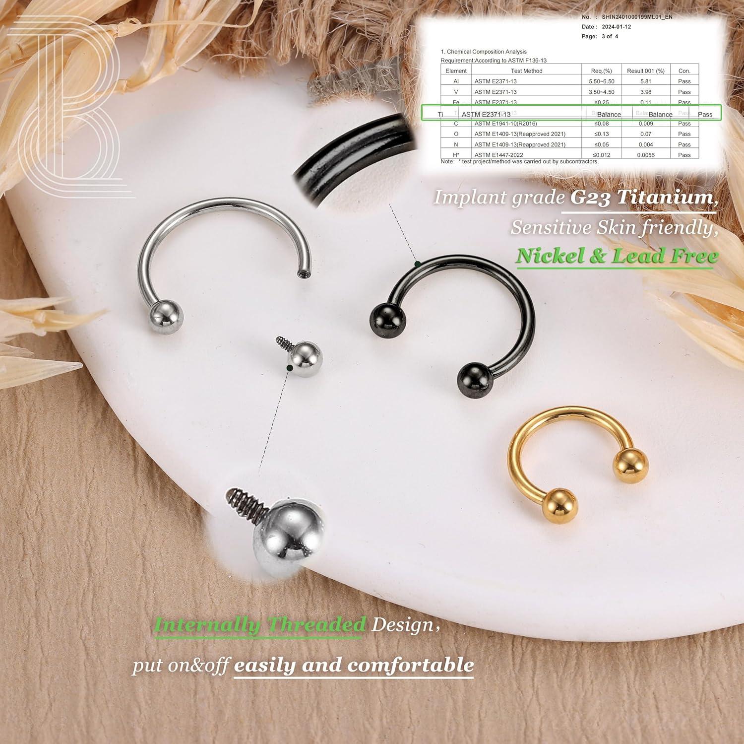 imageBodyBonita G23 Titanium Horseshoe Septum Rings 23pcs Nose Rings Circular Barbell Spikes Septum Jewelry Nose Piercing Jewelry Conch Helix Rook Lip Cartilage Earring Men Gold PlatedSilverBlackMixed3pcs